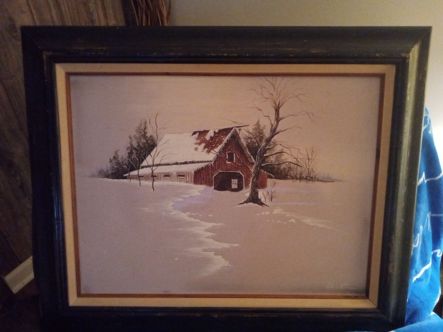 Barn In The Snow Painting Signed by Artist 24 Inch Painting 31 Inch Frame