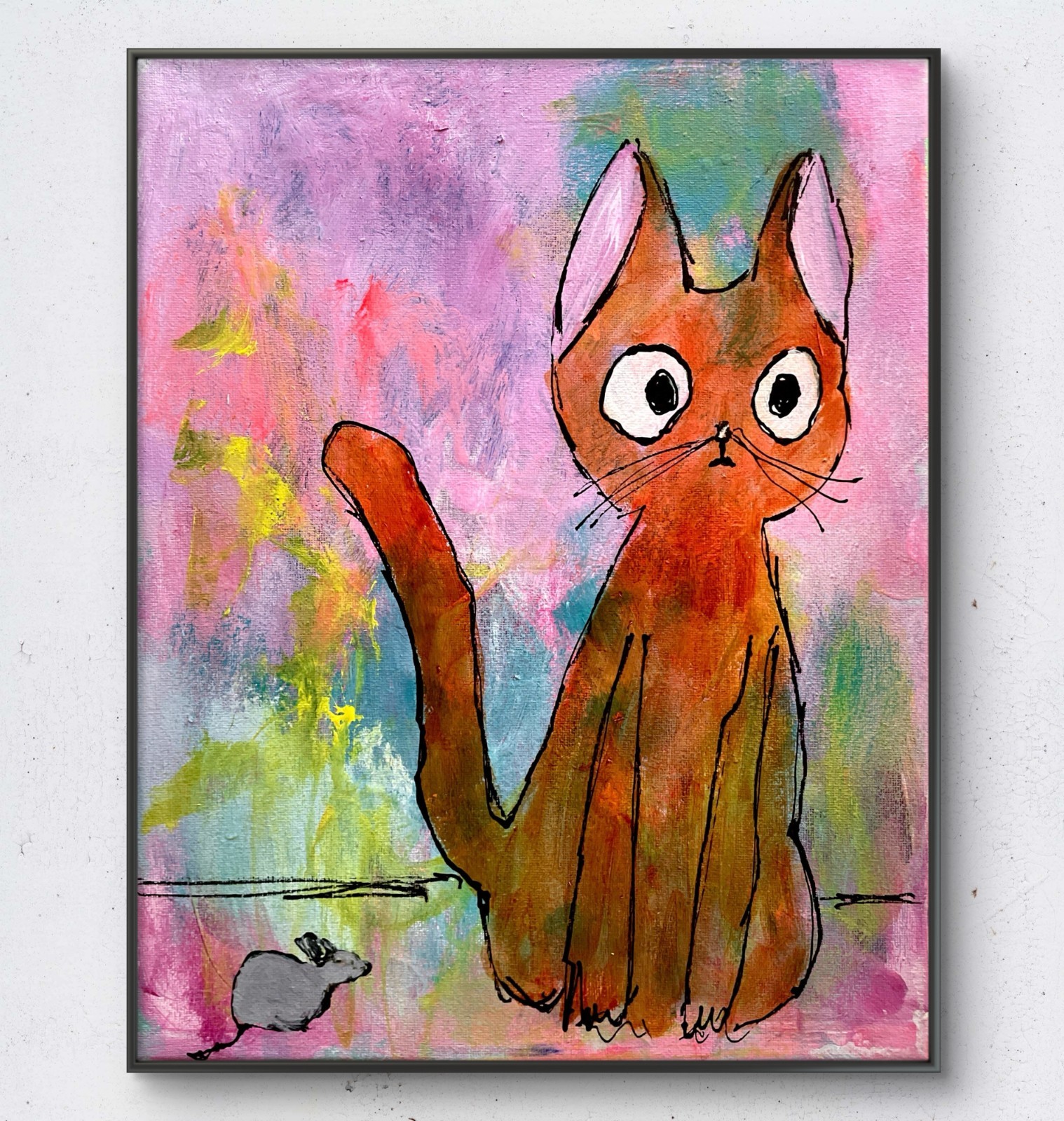 Mary Myers Original Whimsical Orange Cat & Mouse Folk Art Painting 11×14 Acrylic