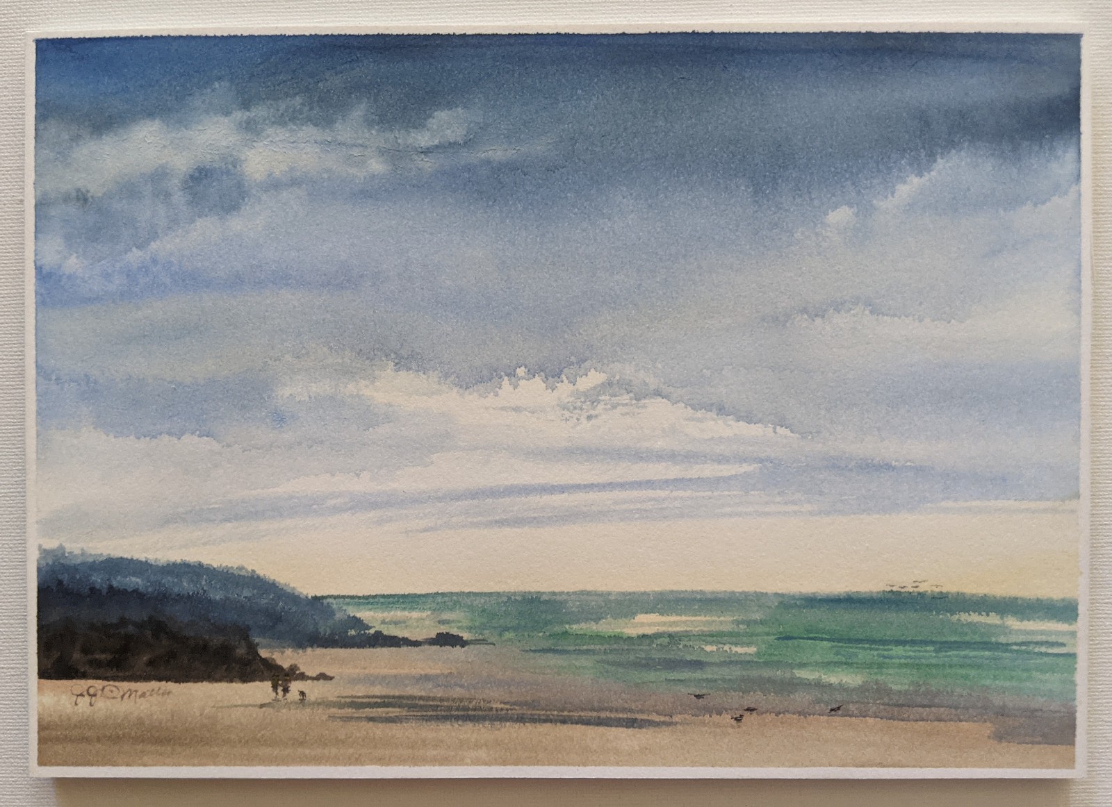 Orig Watercolor Beach Scene Painting Couple Waves Dog Birds Sgd by Artist Nature