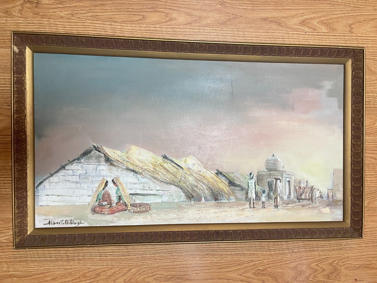Vintage Albert Singh India Desert Landscape Village People Original Oil Painting