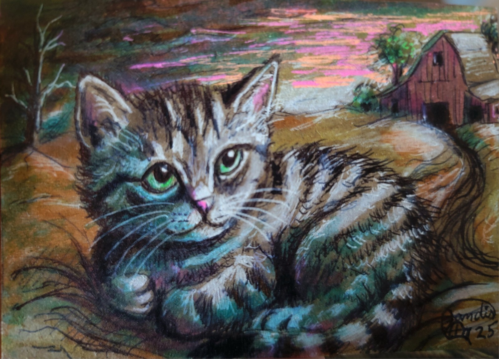 Jacob Landis HANDMADE ORIGINAL Whimsy ACEO Sketch Kitten «Sleeping Together»