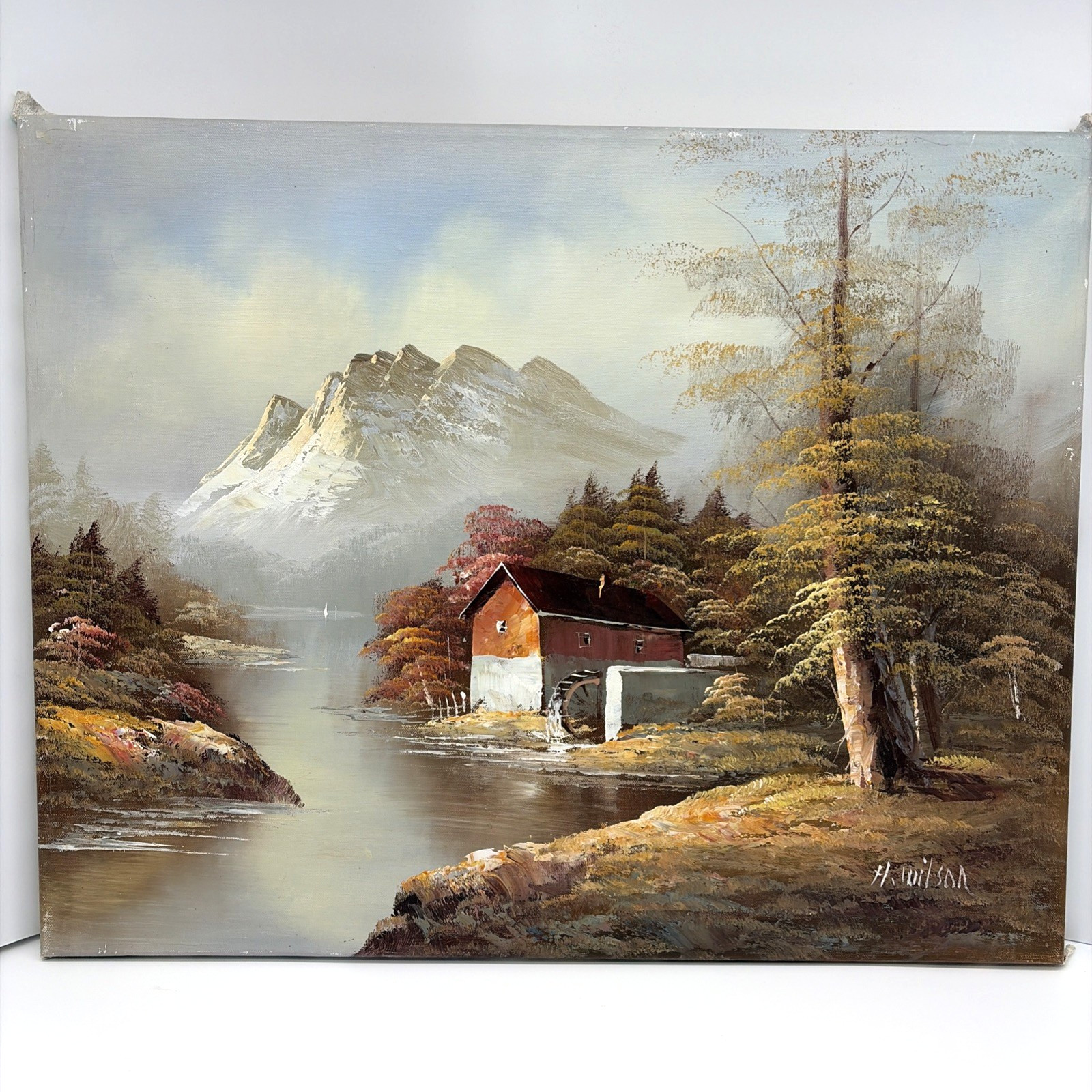 Original Oil Painting H Wilson Signed Landscape Cabin Watermill Autumn Vtg 16×20