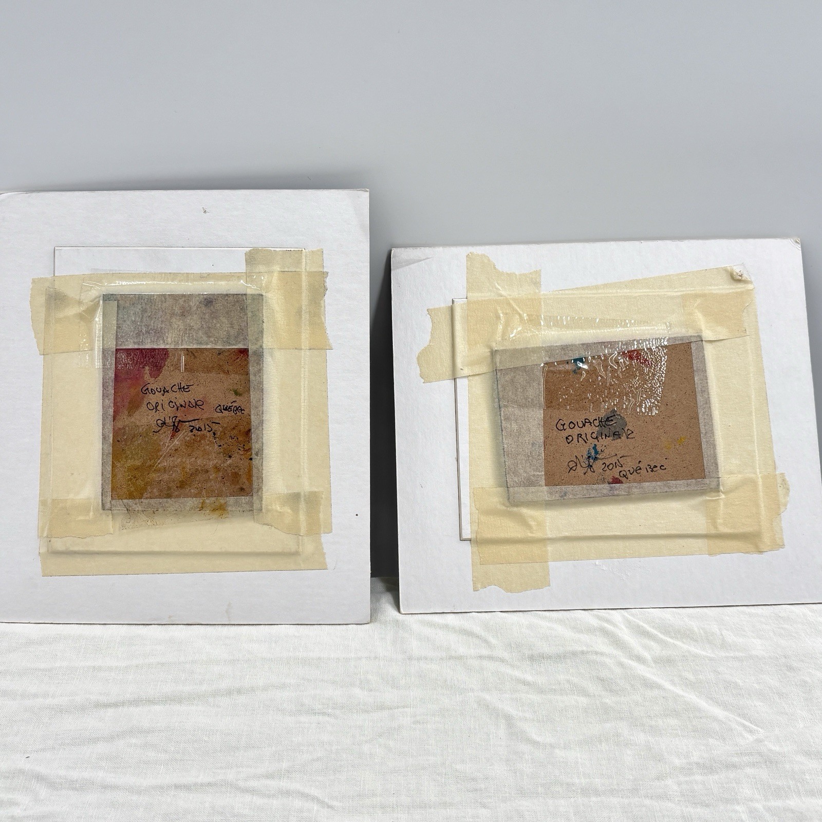 Gouache Paintings Pair Signed Quebec Canada Abstract Landscapes Matted 7×8″