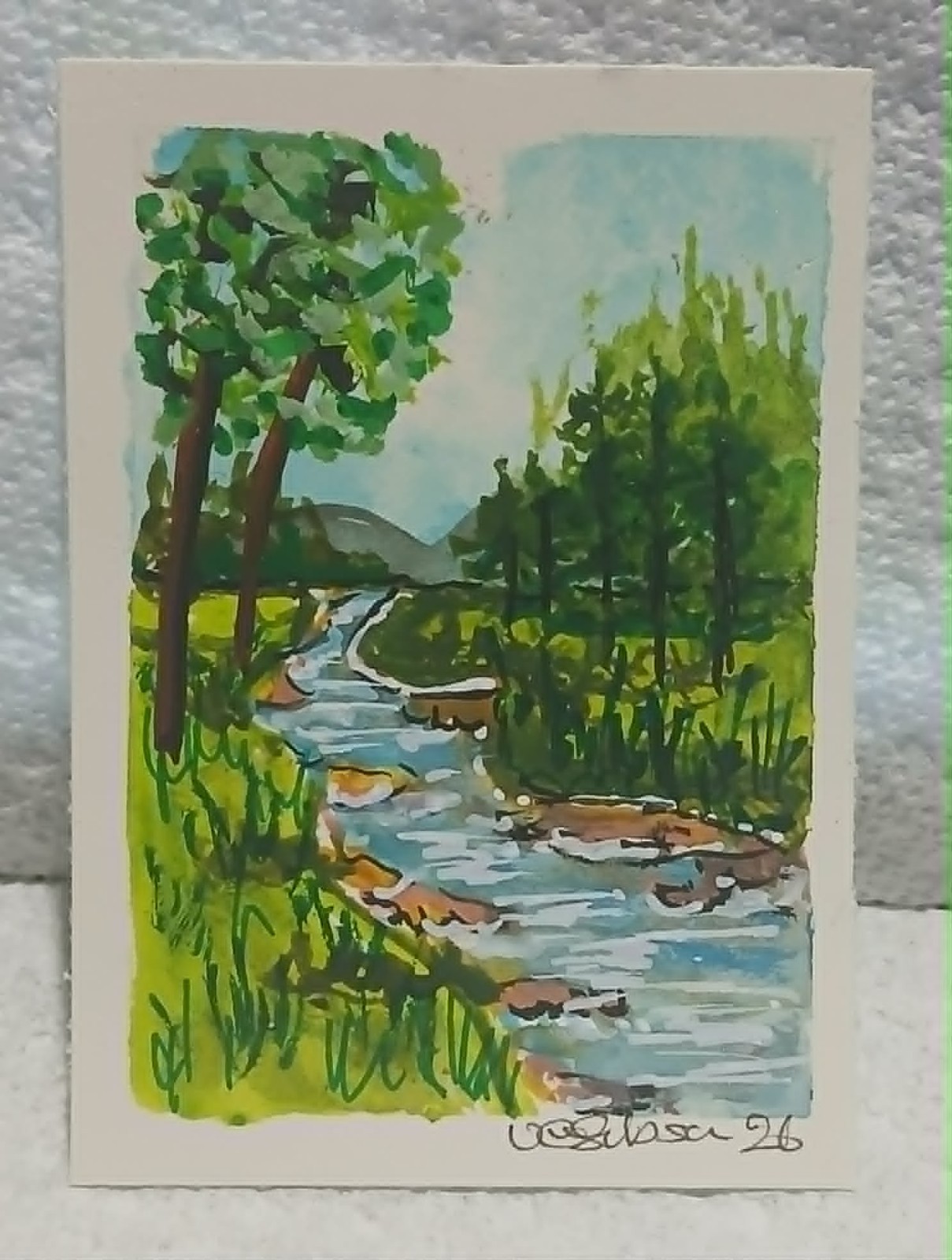 Whimsical Landscape Trees Stream ACEO OOAK Watercolor Mini Art Card