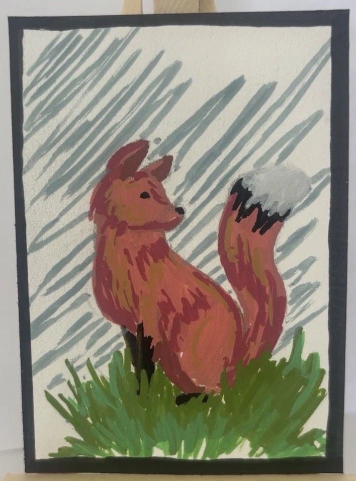 ACEO Original cute fox sitting in grass Wildlife Animal Art- By Madison Knoll