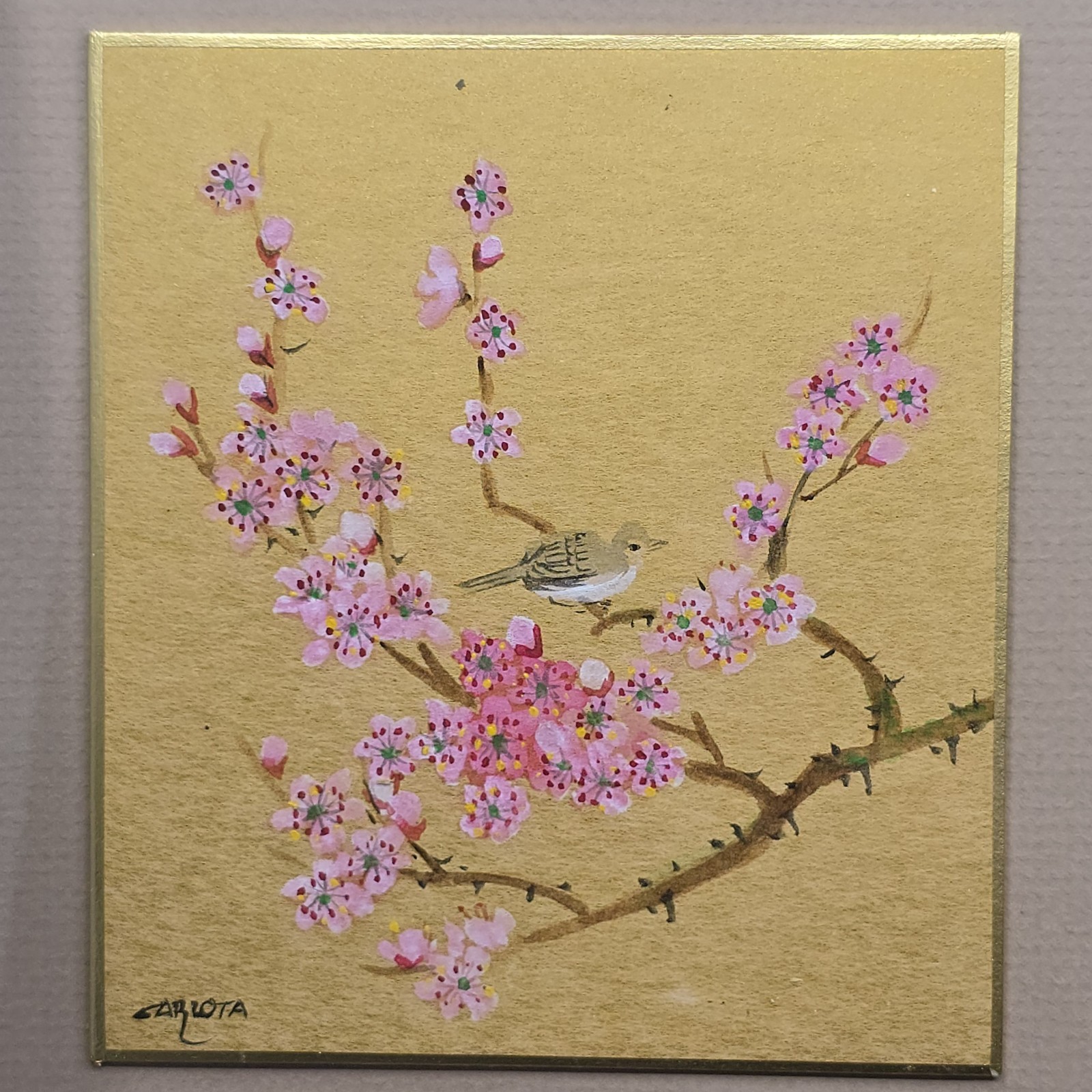 Vtg 3 Original Panel Cherry Blossoms & Birds Watercolor Paintings Framed