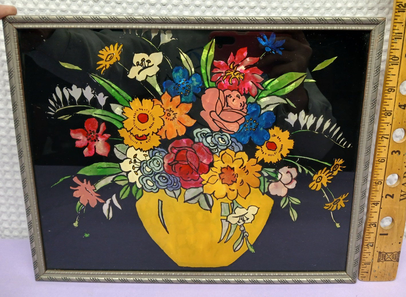 VINTAGE 1958 TINSEL REVERSE GLASS FRAMED PAINTING FLORAL BOUQUET FOLK ART NICE