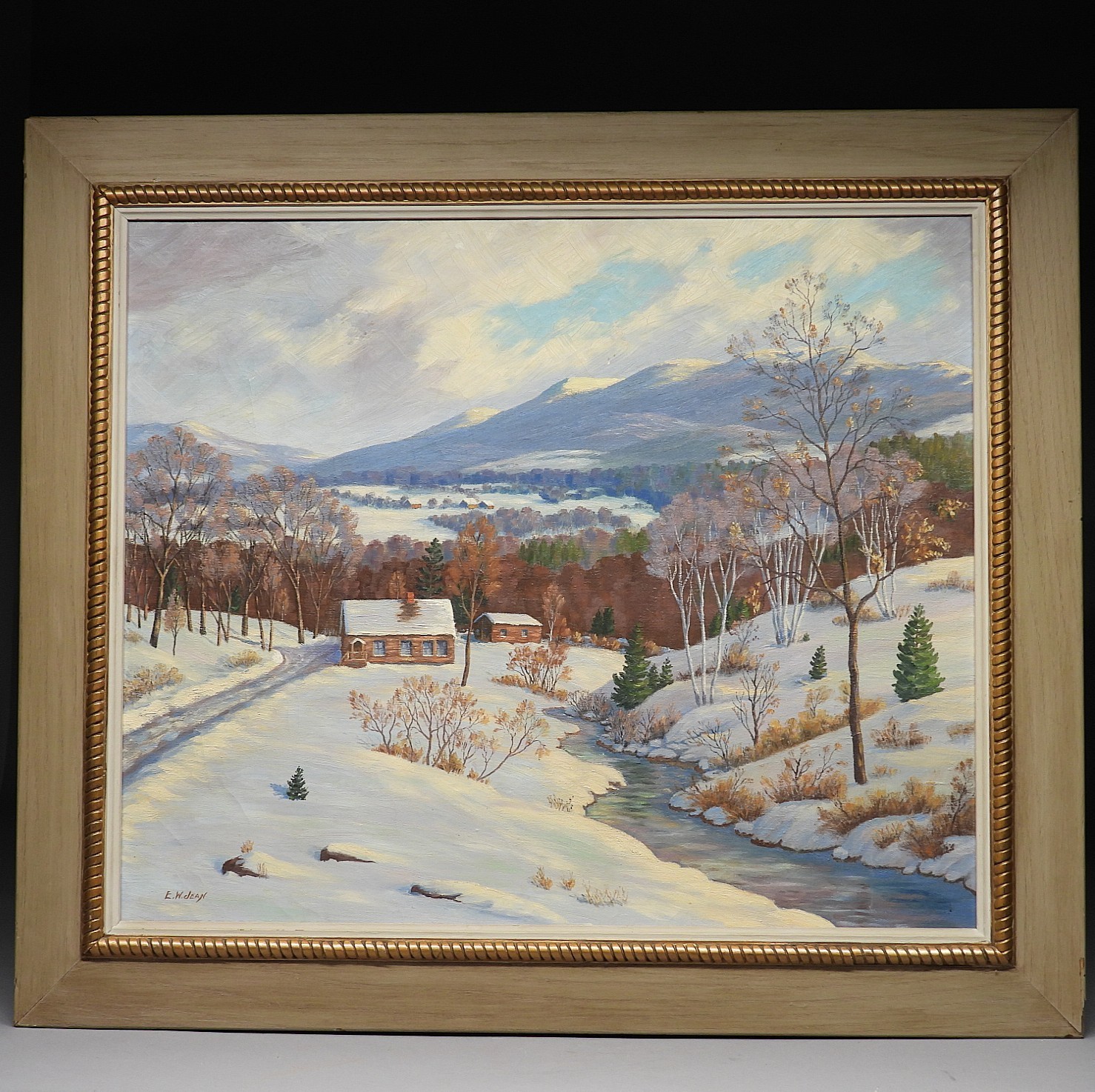 E.W. Jean New England Snowy Mountain Cabin Landscape Painting