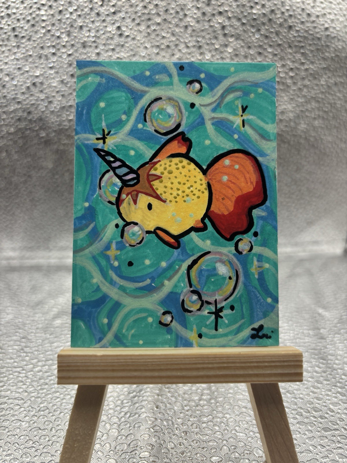 ACEO OOAK Small Original Narwhal Fish Unicorn Painting Unframed Cartoon Art
