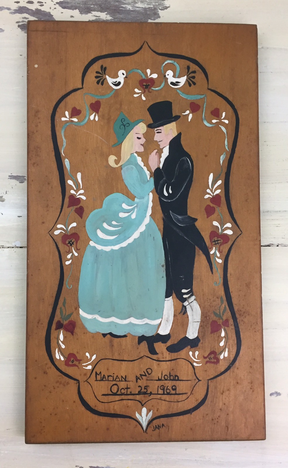 WEDDING PAINTING – Vtg 1960s Oct 25, 1969 Wood, Hand painted, Blonde Male/Female