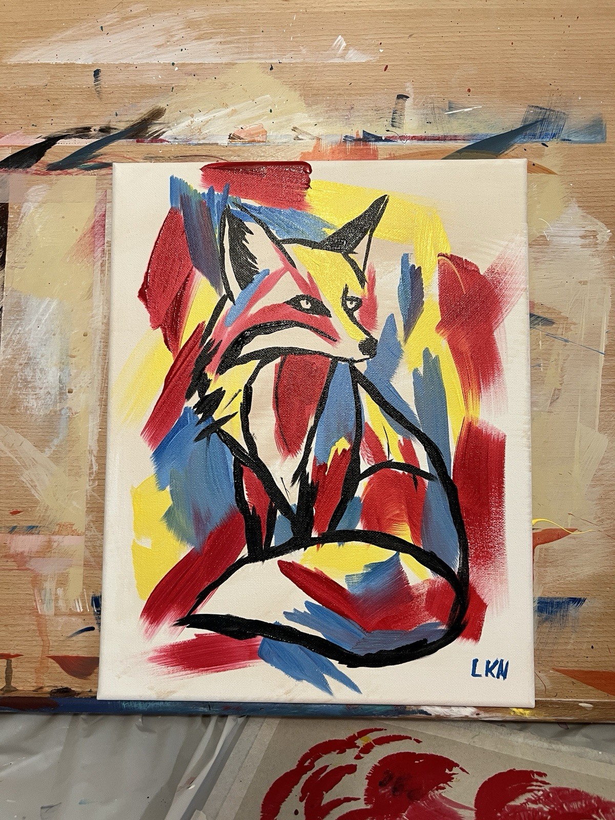 Laeknapes Original Abstract Painting 14X11 Canvas Home Expressionist Neon Fox