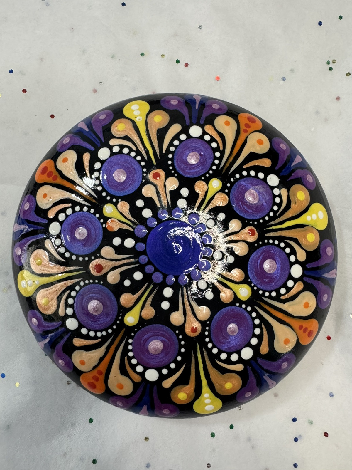 Artisan Hand Painted Man Made Rock | Mandala Multicolor Dotting Art 4.5″ #B