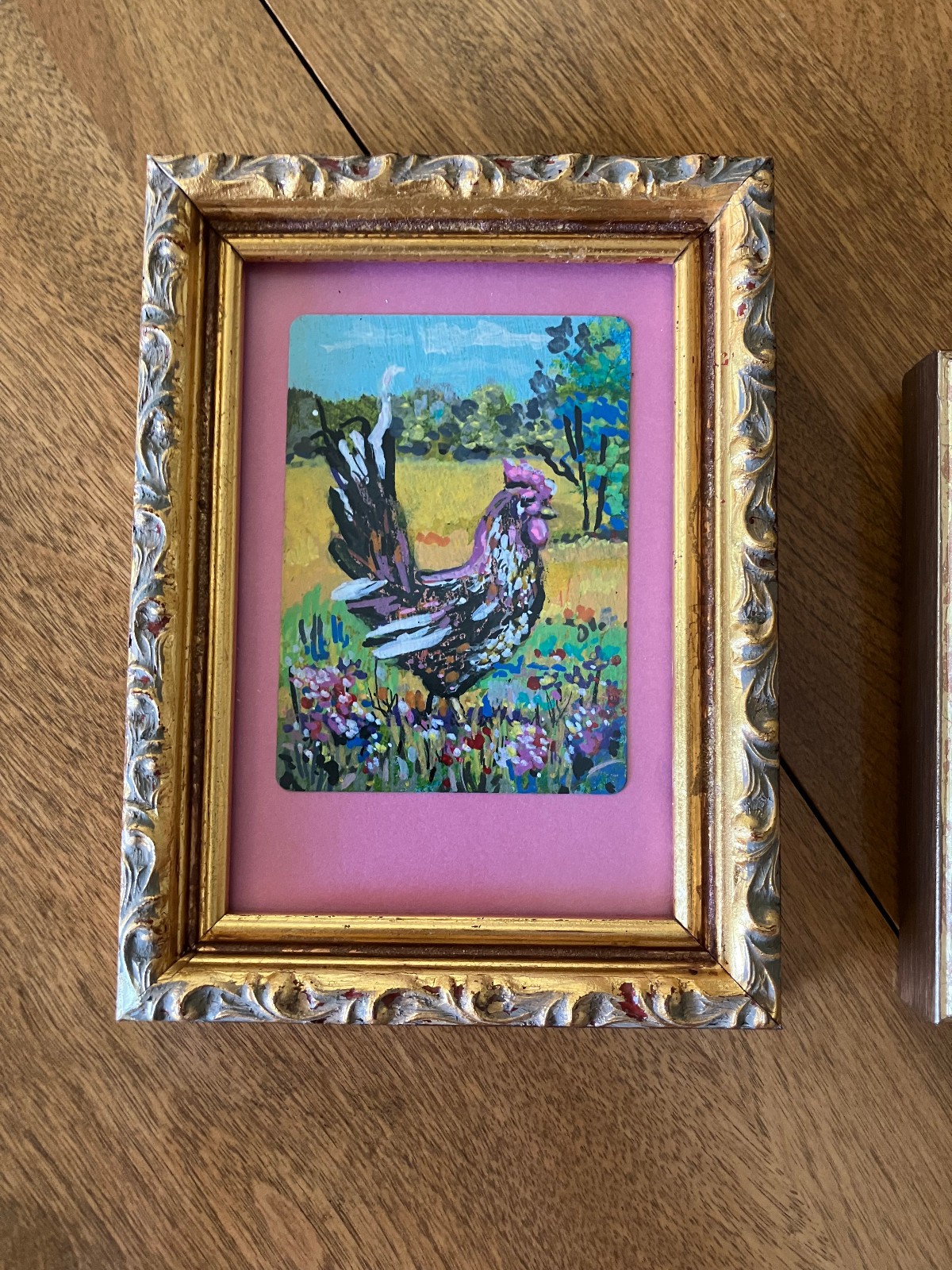 Original Small Acrylic Painting, Vtg Gold Frame; Country Chicken; Signed on Back