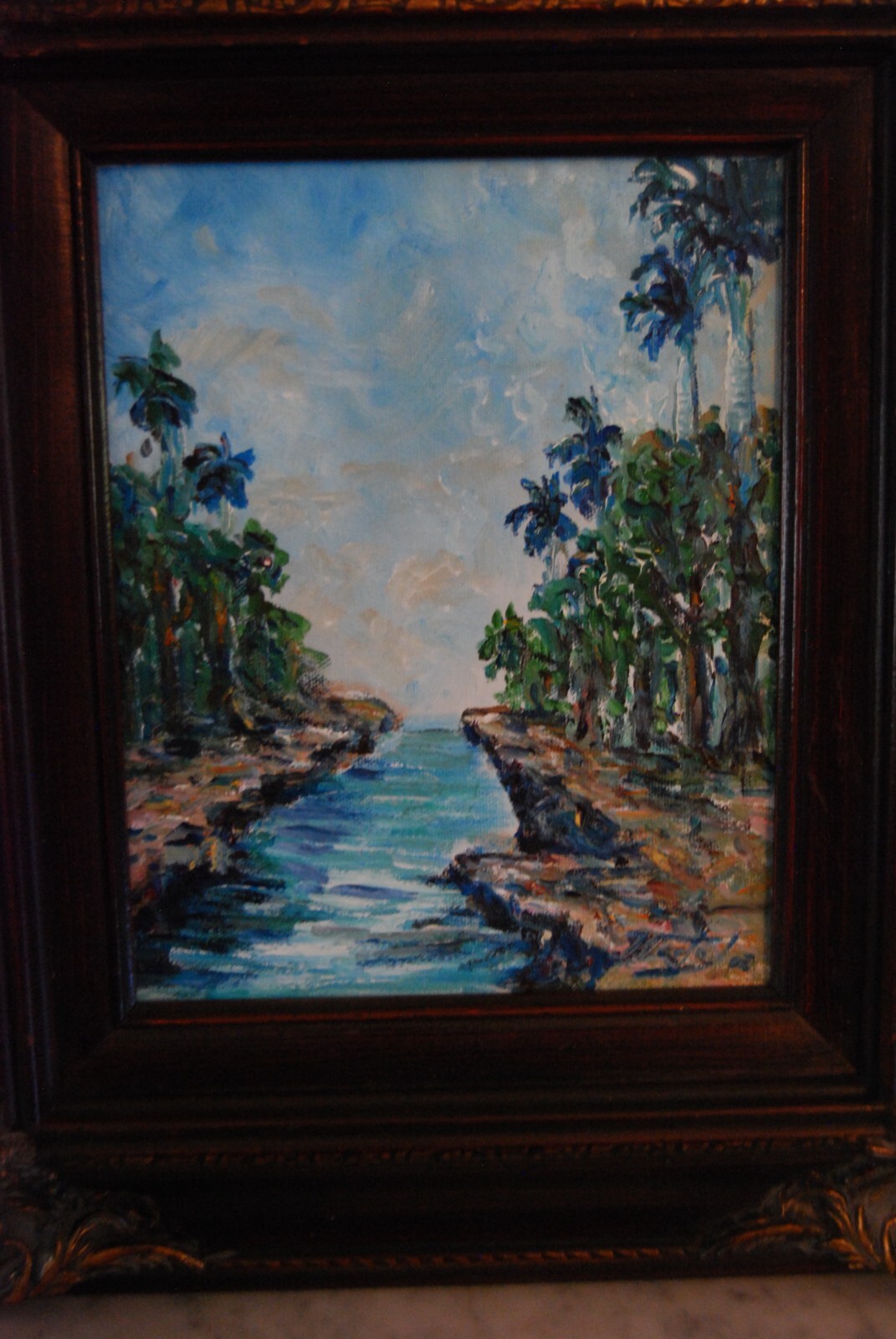 FRAMED ORIGINAL OIL RIVER, PALMS & SKY CUBAN COUNTRY SCENE ARTIST: HECTO VIDAL