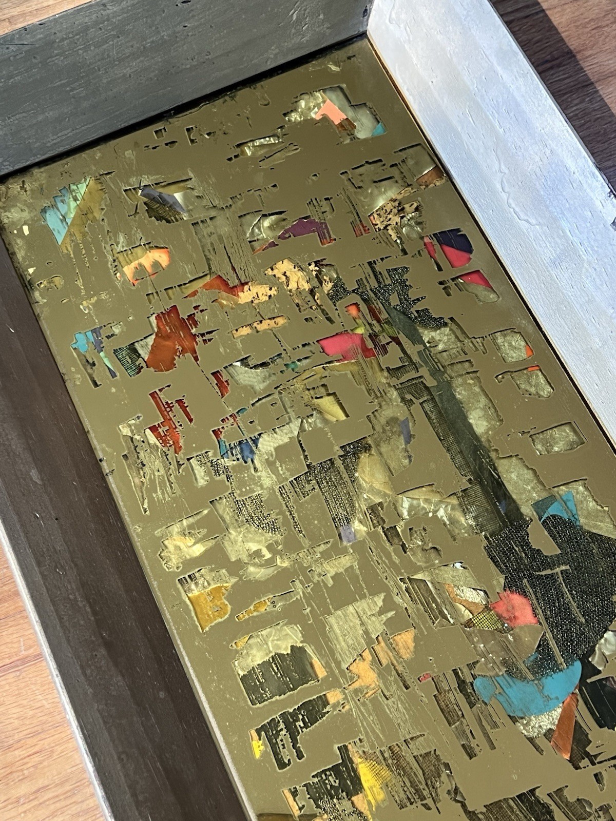 MCM Brutalist Reverse Glass Mirror Art Signed Mixed Media Wall Sculpture 25″