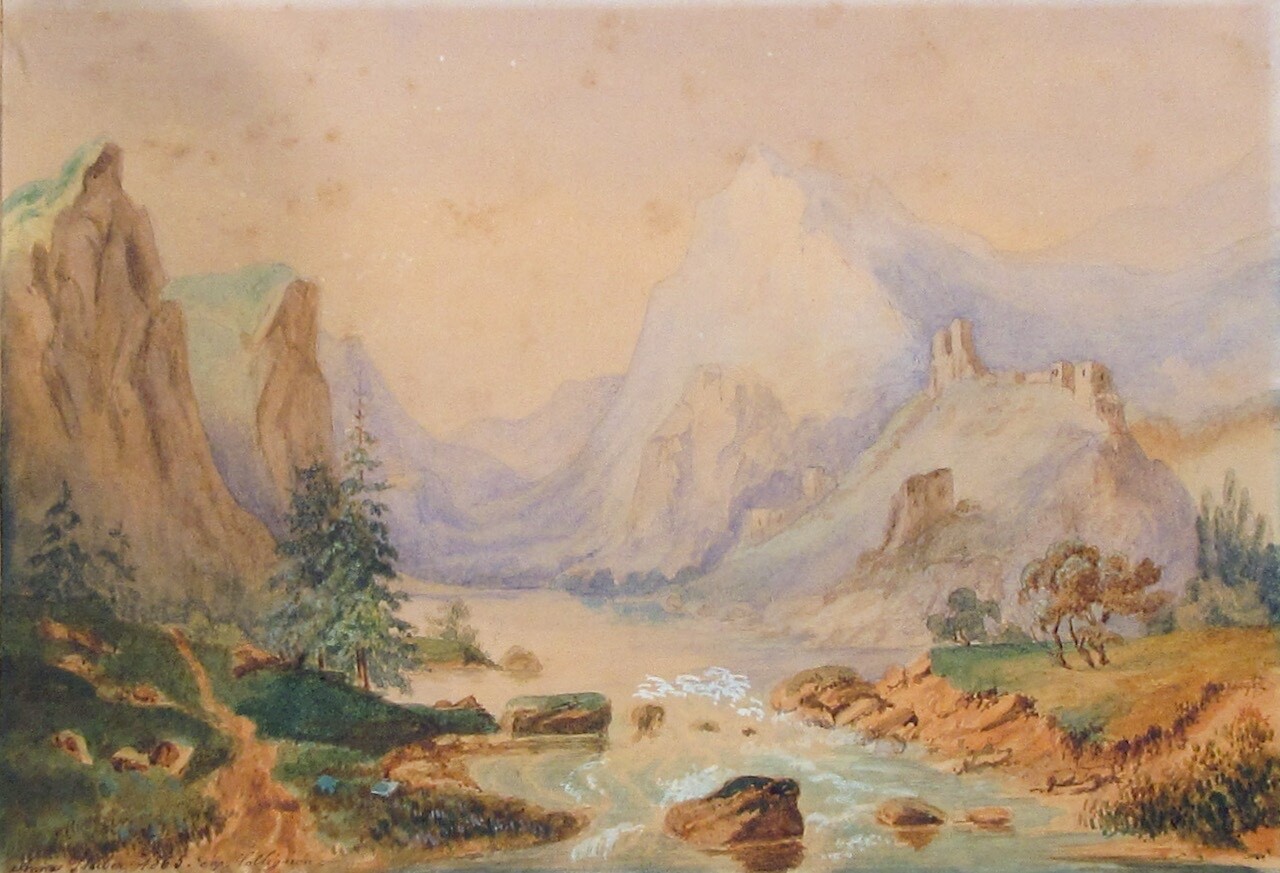 Antique French Watercolor Painting, Landscape, Mountains, Chateau, Signed, 1865
