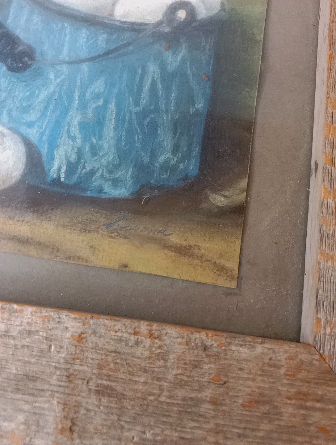 Antique Eggs in Blue Pot Primitive Still Life Folk Art Oil 11X14″ OOAK signed