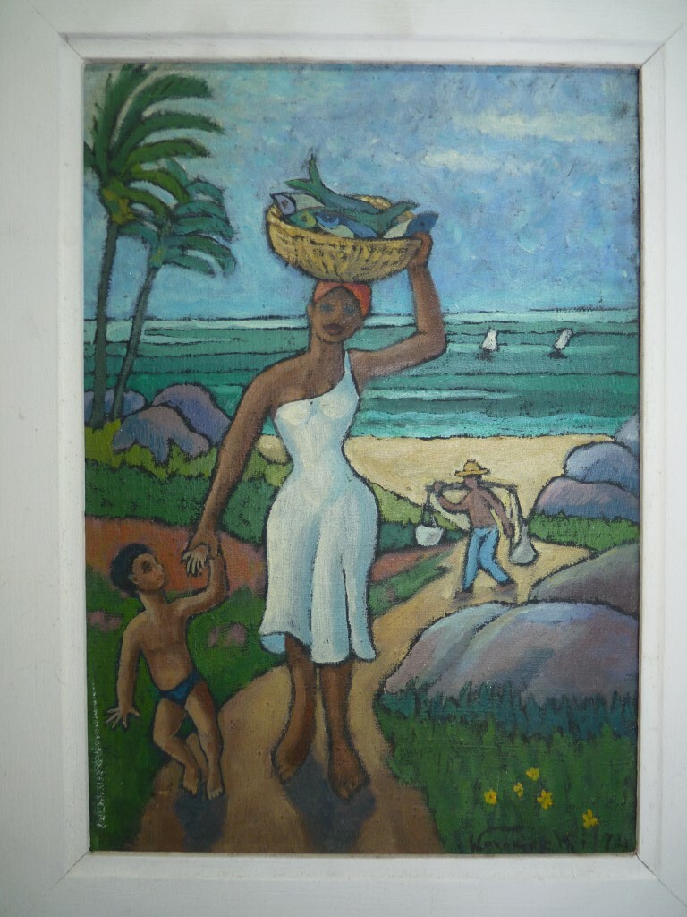 Vintage 74 Brazil Oil Painting Woman w/Basket Fish Copacabana Beach 26 x 18.5 cm