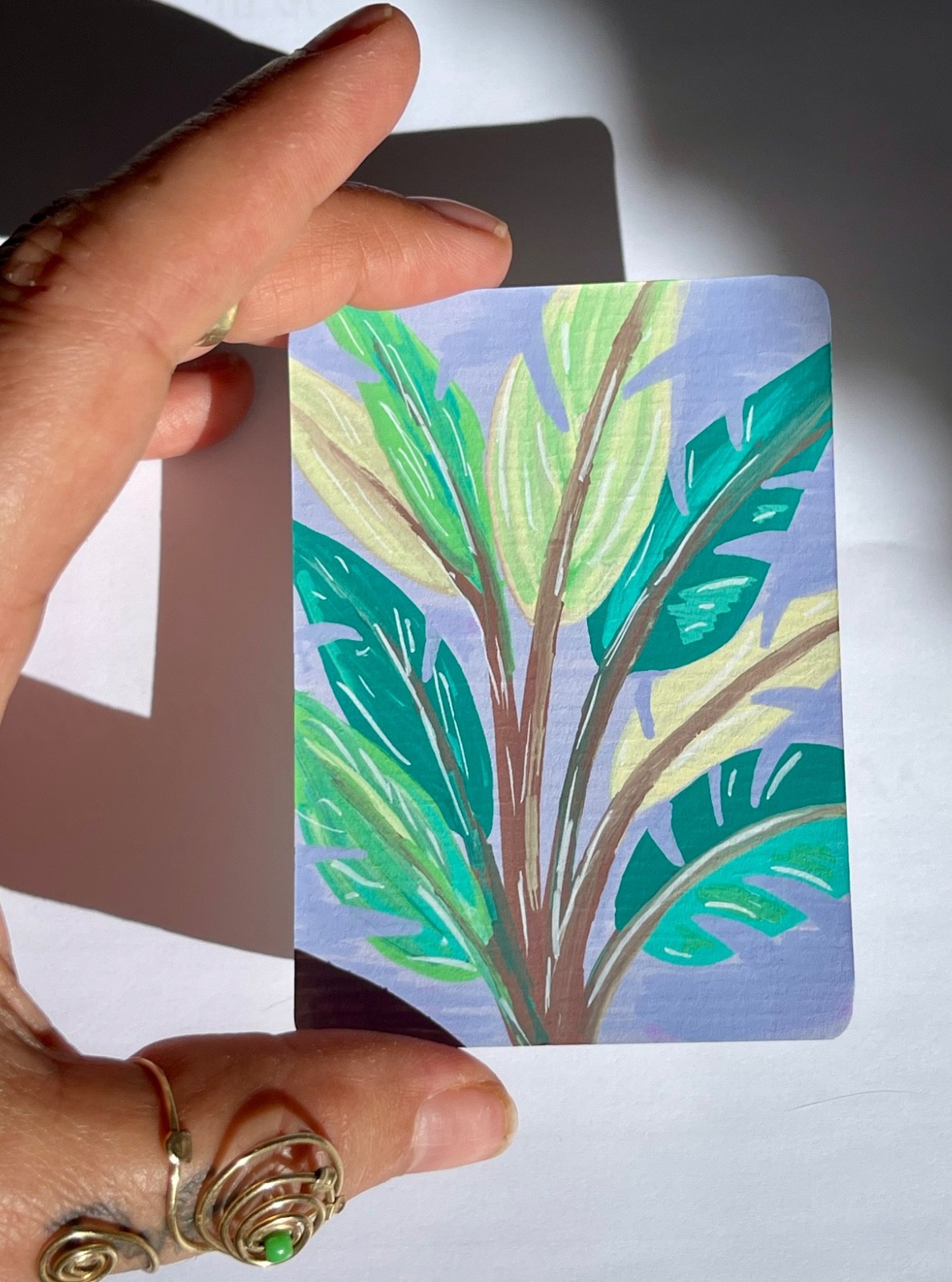 OOAK Original ACEO Tropical Banana Leaves Acrylic Painting Botanical Mini Art