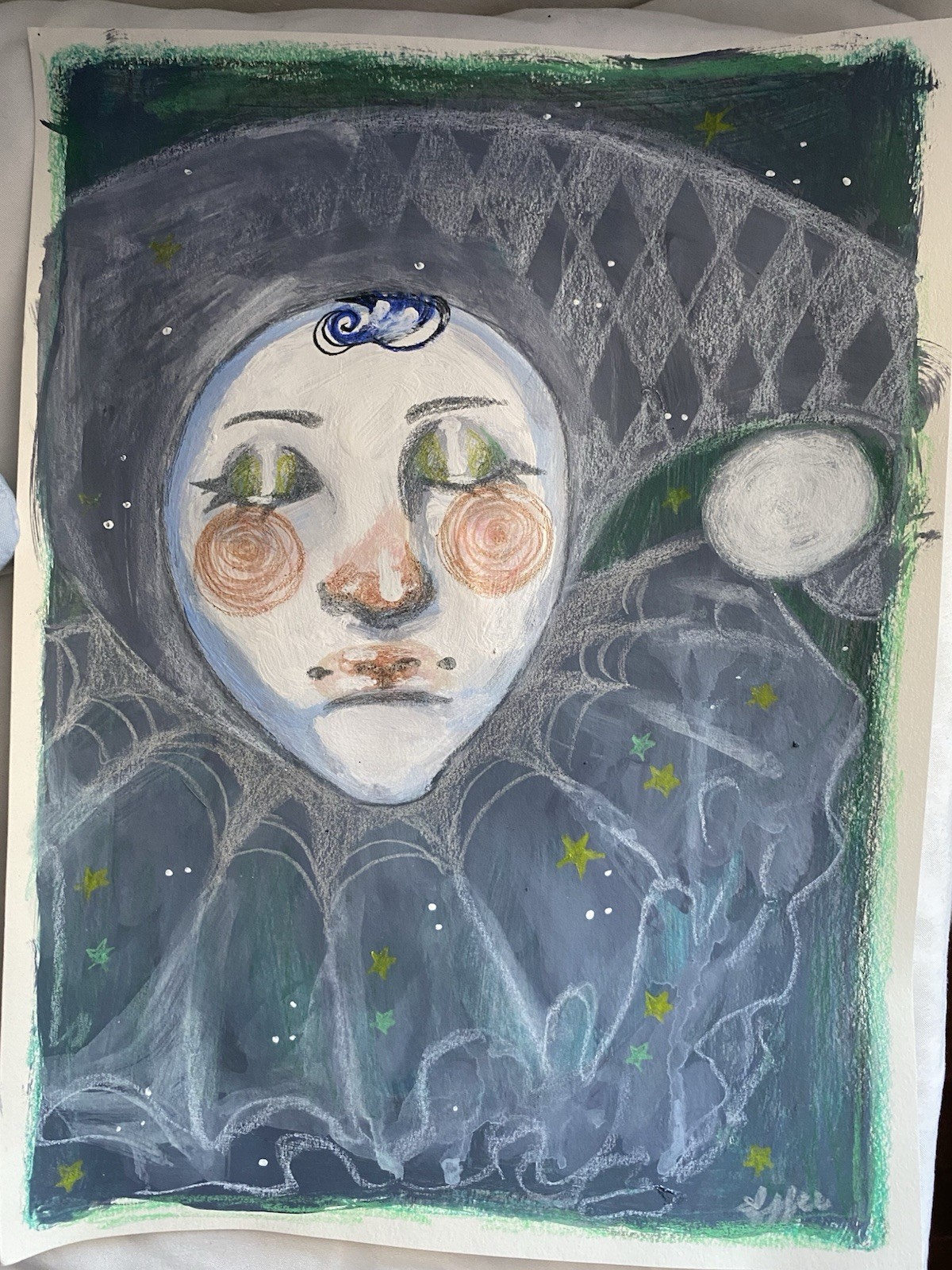 Dark Green And Gray Jester Clown Fantasy Painting On 9×12 Watercolor Paper