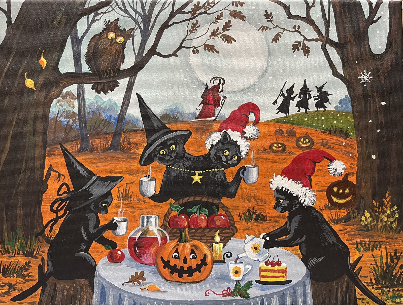 ACEO PRINT OF PAINTING RYTA HALLOWEEN BLACK CAT Samhain Xmas Krampus folk art 🍁