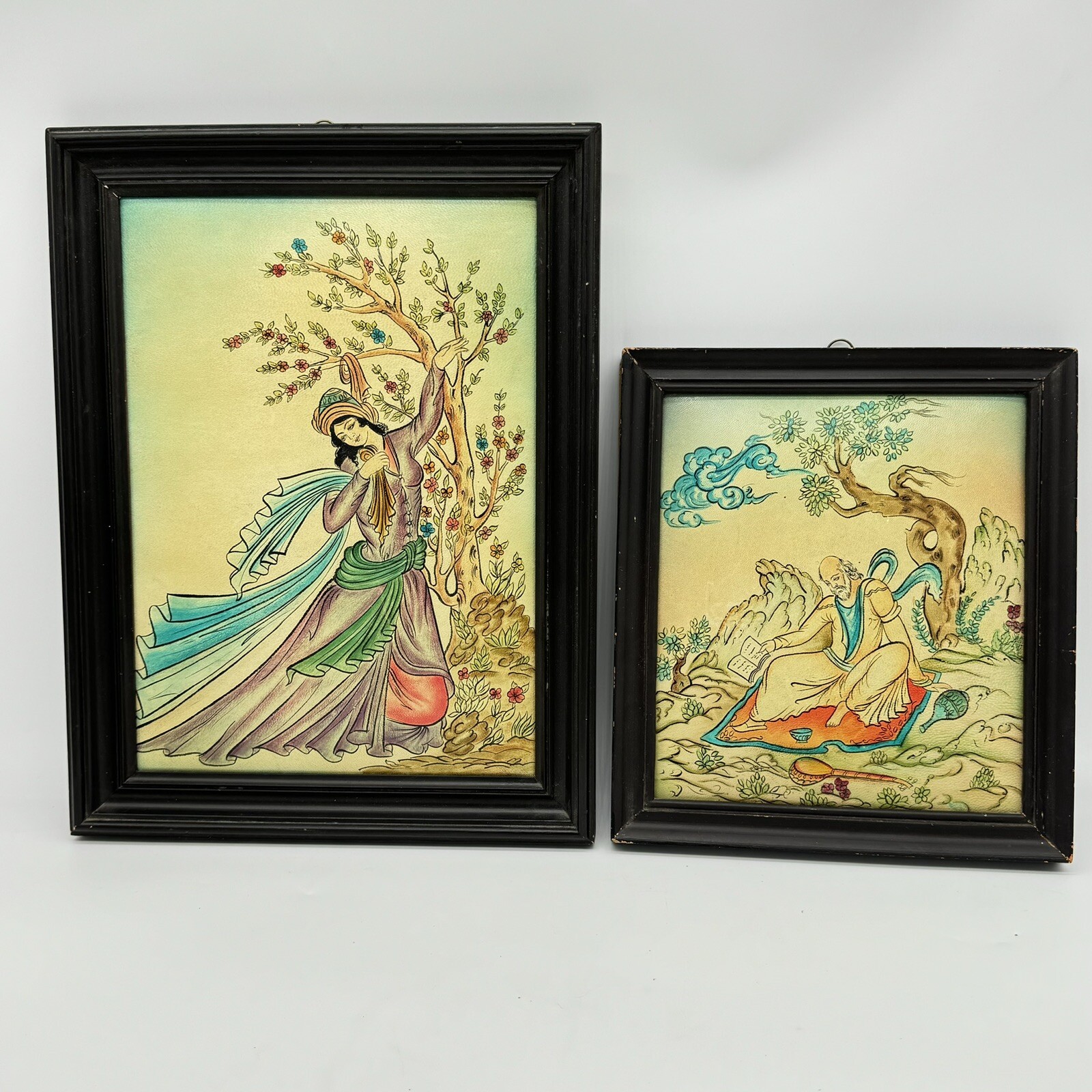 2 Vintage Persian Artwork Girl Dancing Framed Hand Painted On Leather? Vinyl?