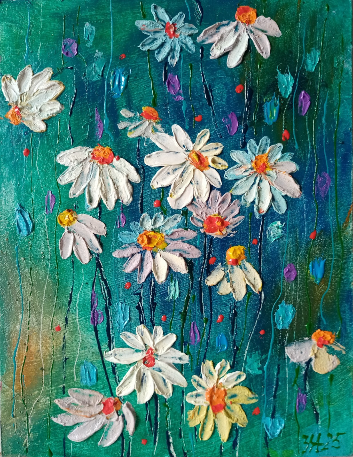 Daisies Impasto Painting Original Art Impression Oil Painting 7.8 x 6 in