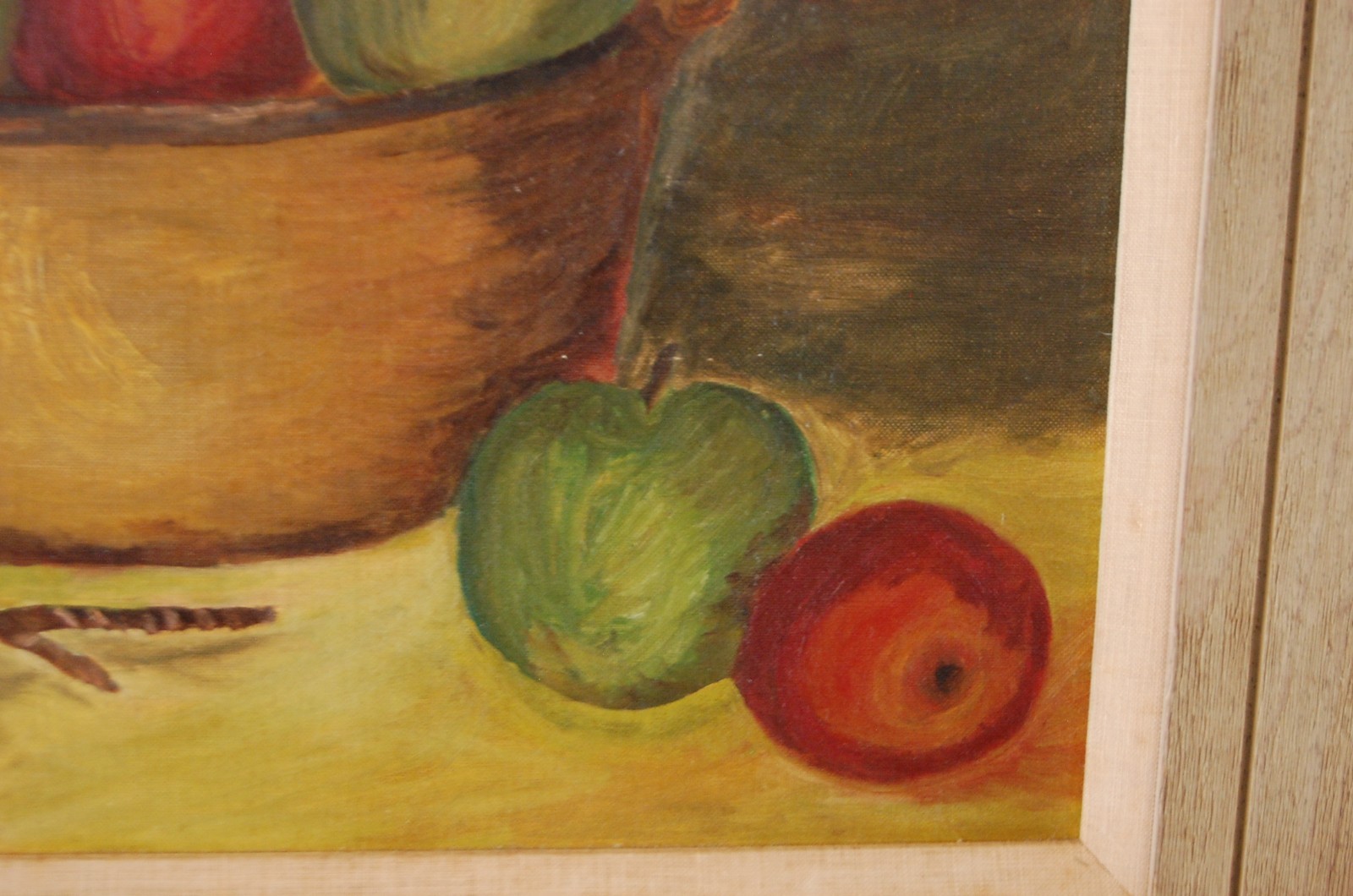 VTG 1950’S MCM FRAMED ORIGINAL PRIMITIVE FOLK ART OIL APPLES & POT A STILL LIFE