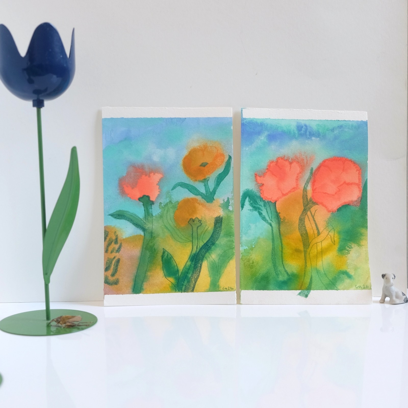 (2) Dancing Orange Flowers Floral Expressionist Dreamy Art 100% Cotton Paper 4×6