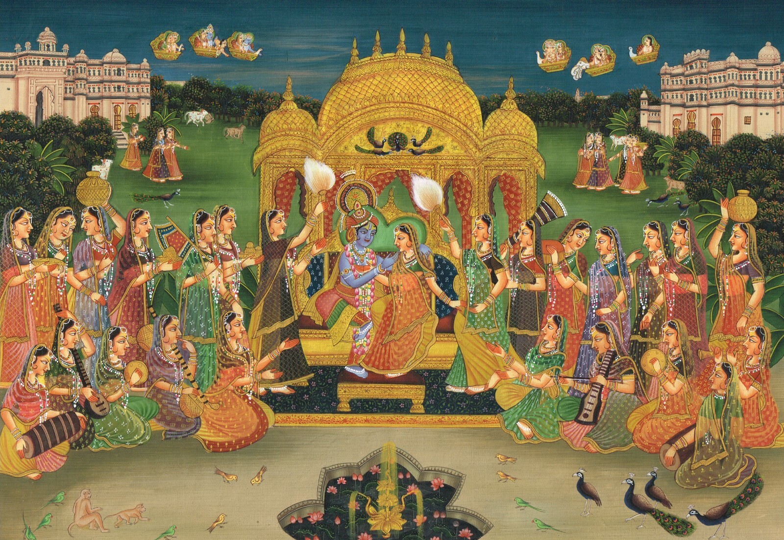 Hindu Religious Painting Of Krishna And Radha Love Scene For Wall 17×13.5 inches