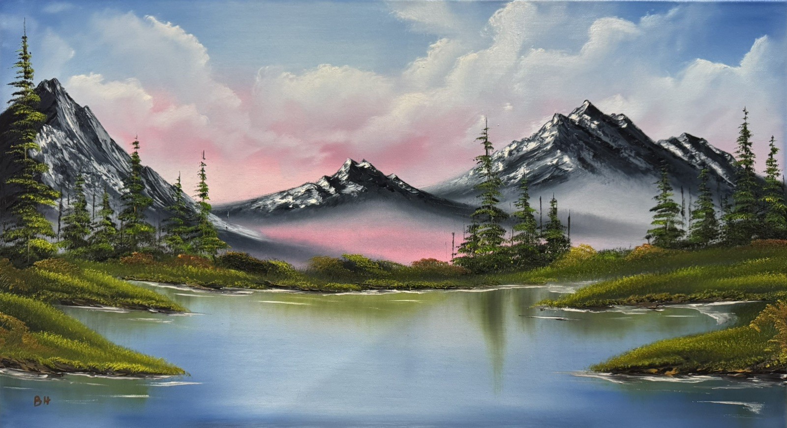 Mountain Lake, Original Oil Painting, Pine Trees, Spring, Pond, Nature, 20×36”