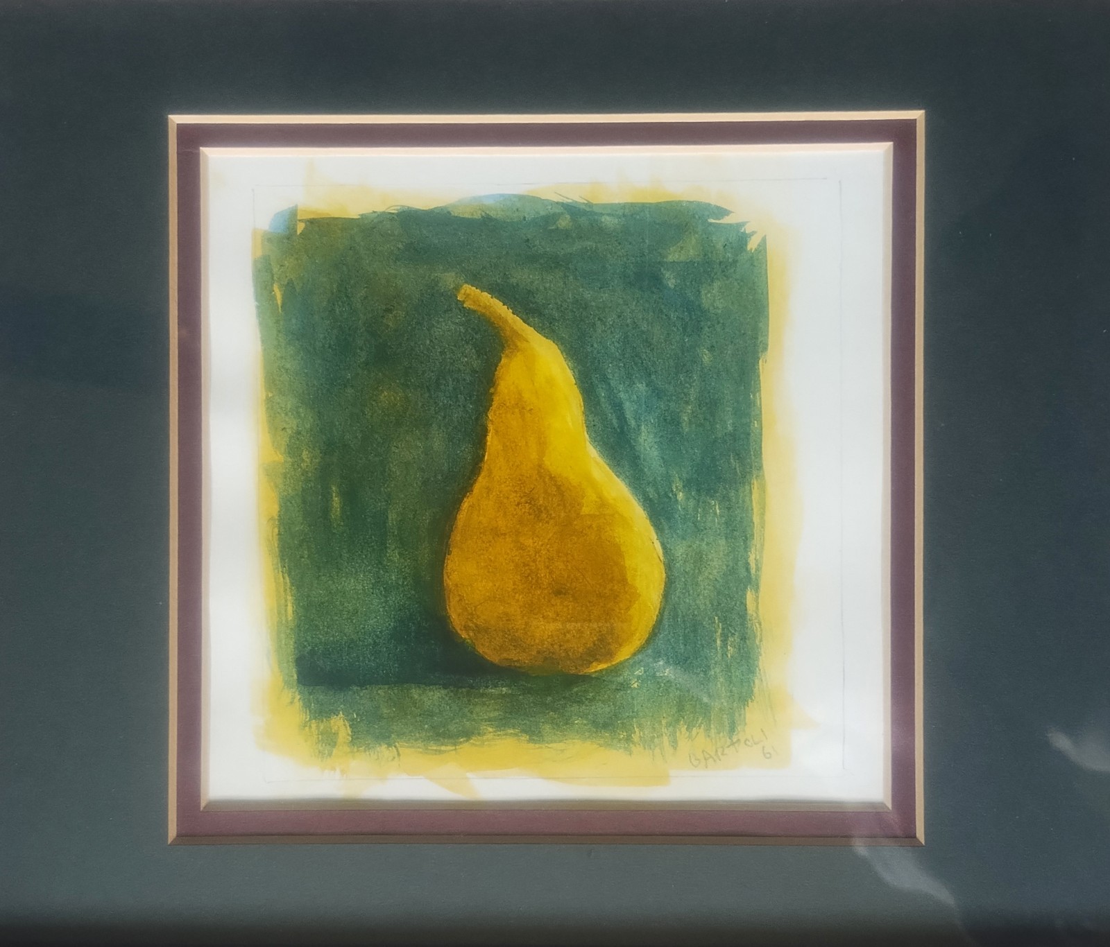 Vintage Modernist Watercolor Still Life Pear, Signed Bartoli 61, Matted & Framed
