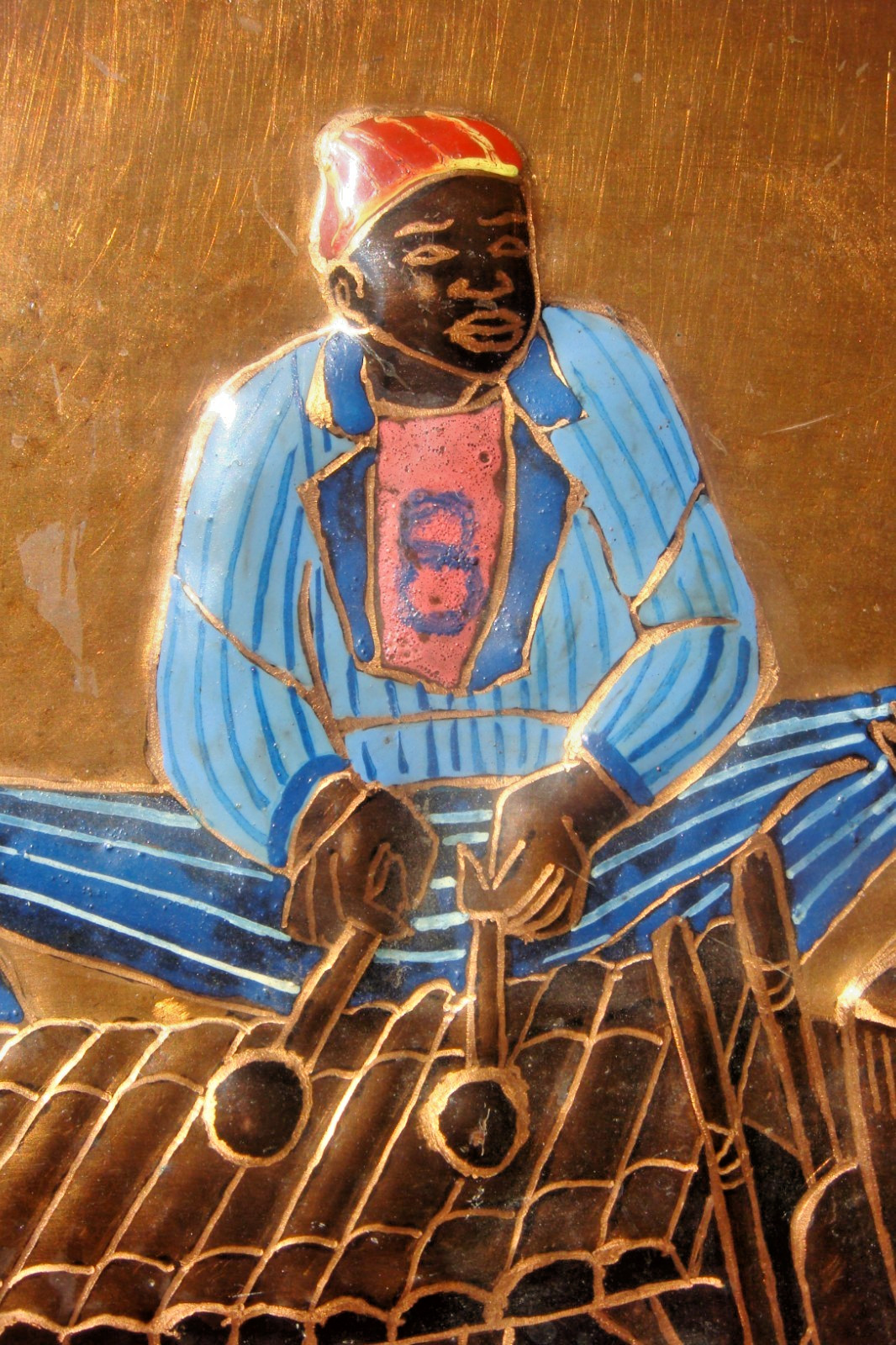 African Relief painting on copper signed by the Congolese artist Guycha Tshidibi