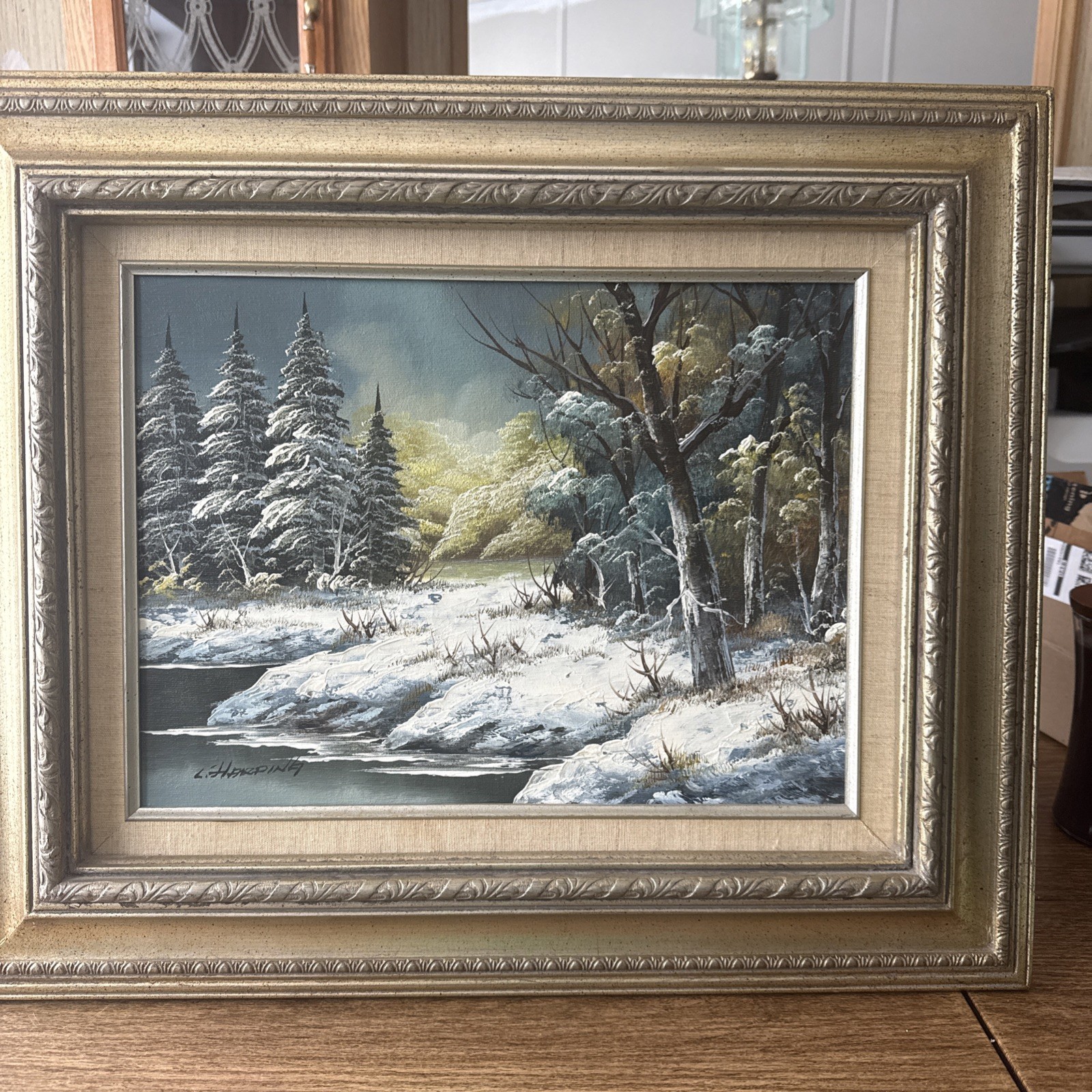 L HARDING PAINTING ON CANVAS / LANDSCAPE winter lake trees snow SIGNED FRAMED