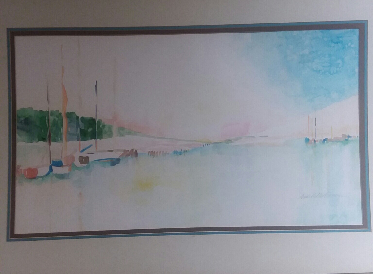 1980s Habor Scene By Ann Miller Ramsey watercolor on triple matting