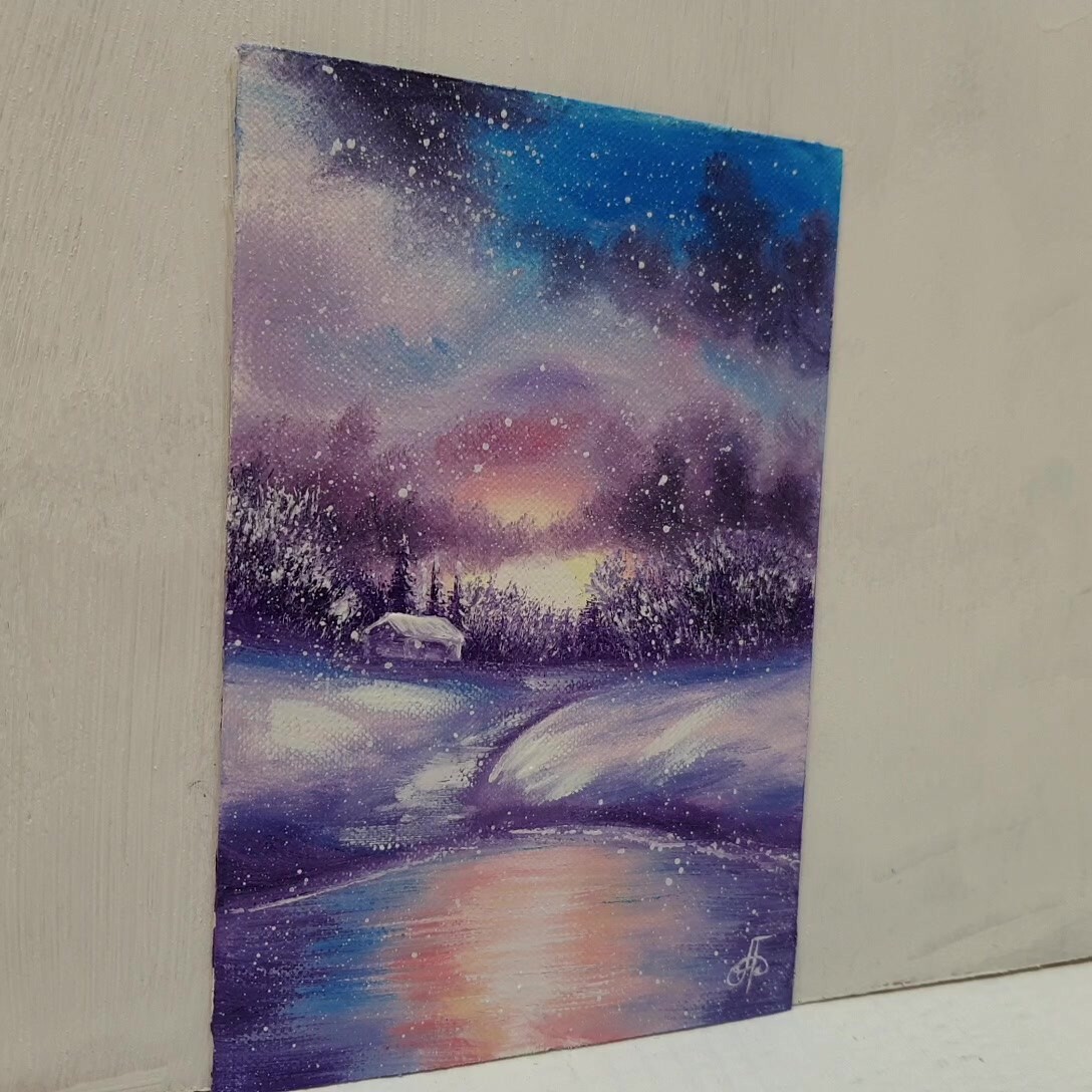 Winter Sunset Lake Path Painting Snow Cottage Purple Red Sky Signed Holiday Deco