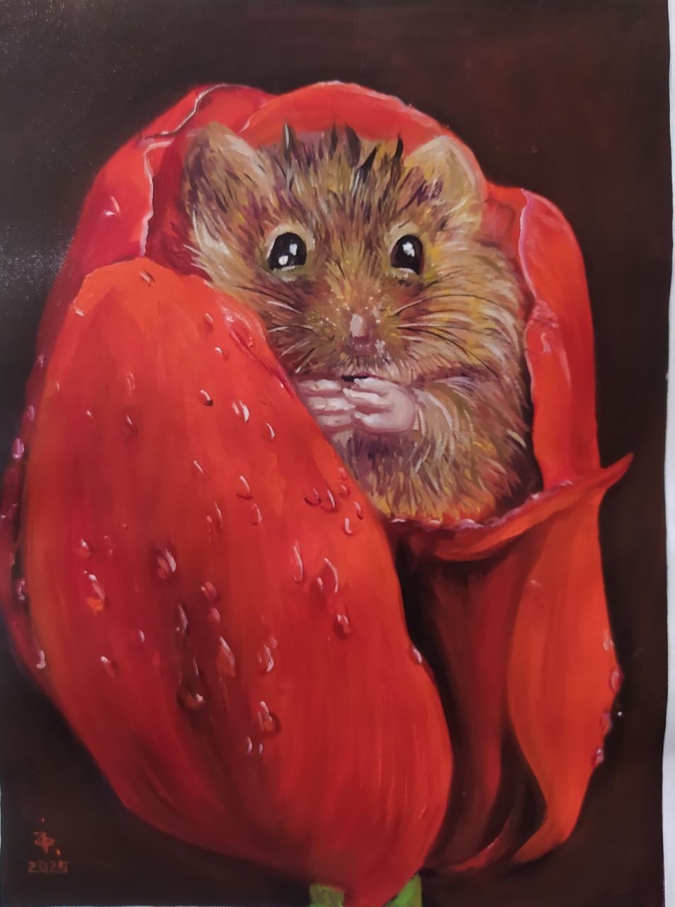 art 148 original painting A3 Fabriano Tela Oil 30x40cm mouse tulip