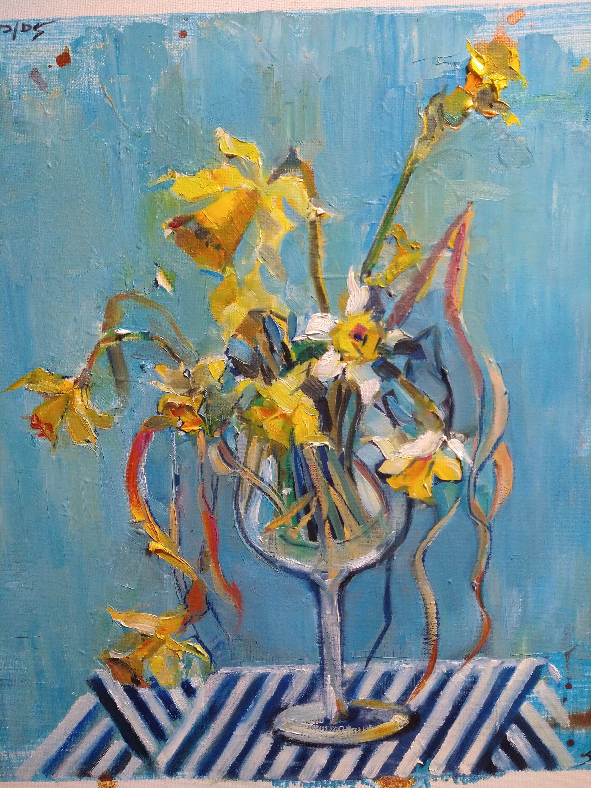 Original oil Still life 20″x20″, Flowers, Daffodils, Blue, Contemporary art