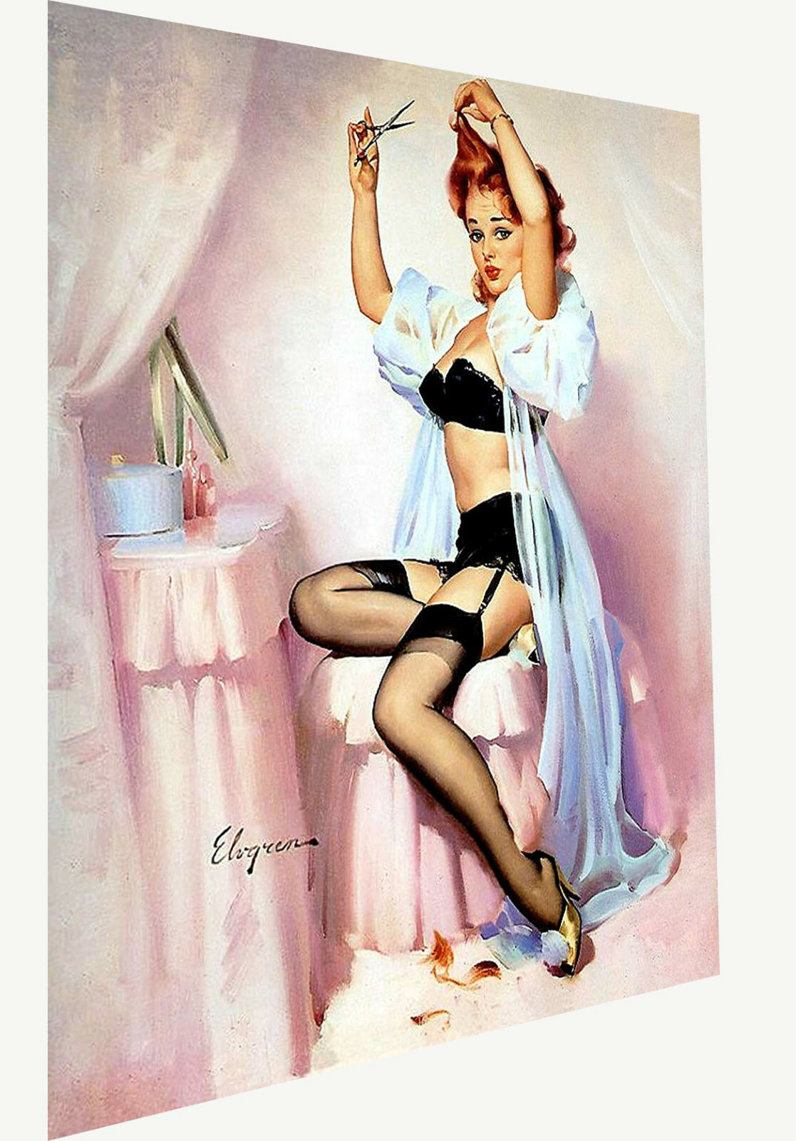 Vintage print art model poster canvas Gil Elvgren painting hair cut