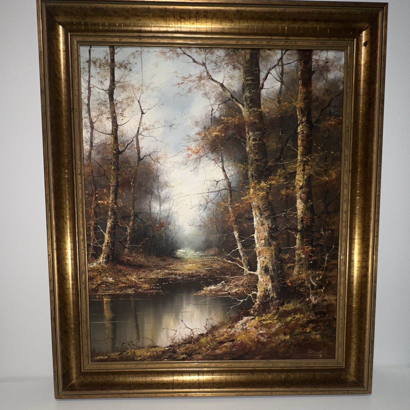 Rival Signed Framed Oil on Canvas Landscape Forest River Painting, Medium