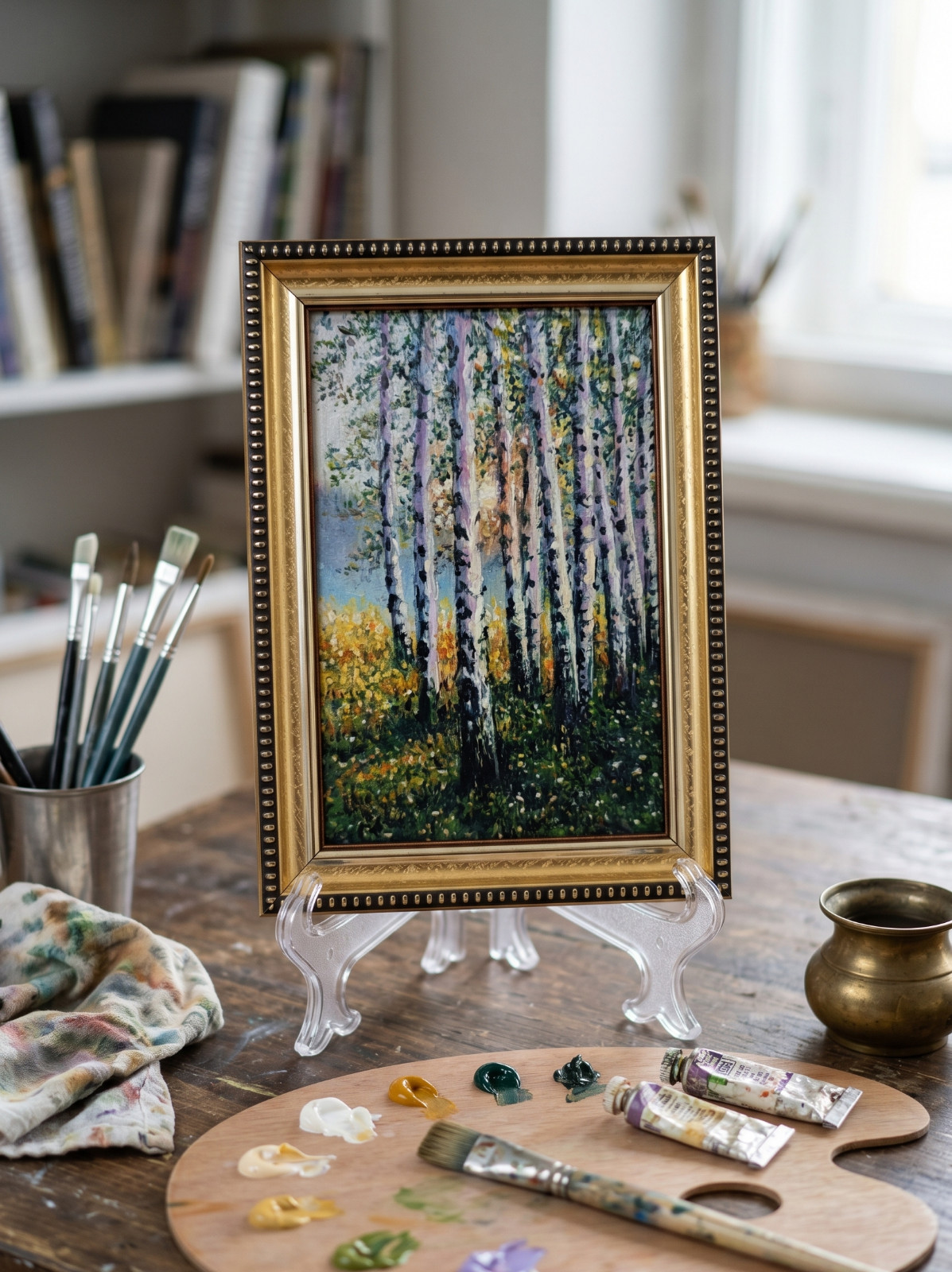 Birch Trees Original Oil Painting 4×6 Framed Signed Forest Landscape Wall Art