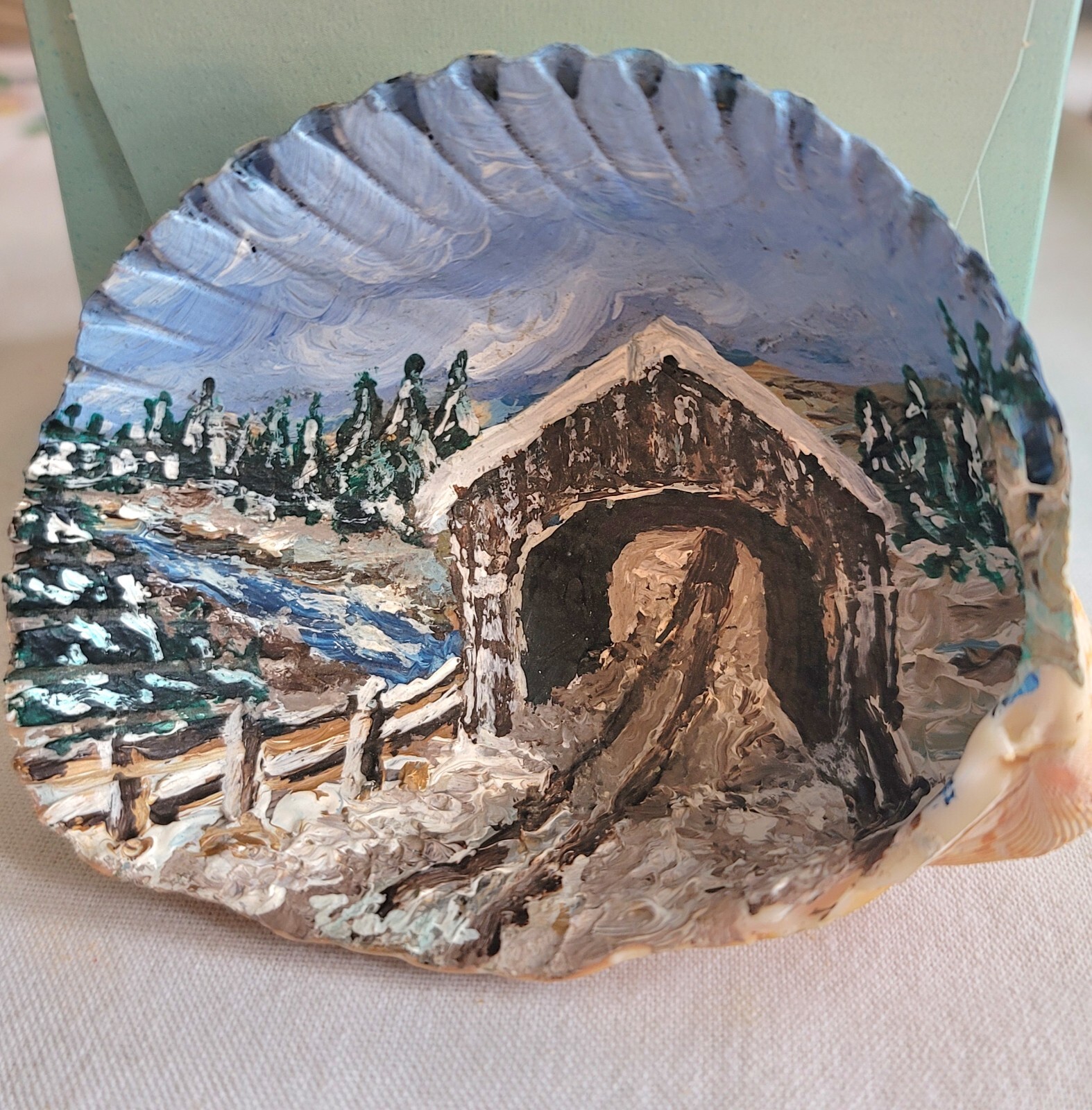 Hand Painted Sea Shell•Winter Scene•EUC•Scallop•Clam•Snow•Bridge•Artisan