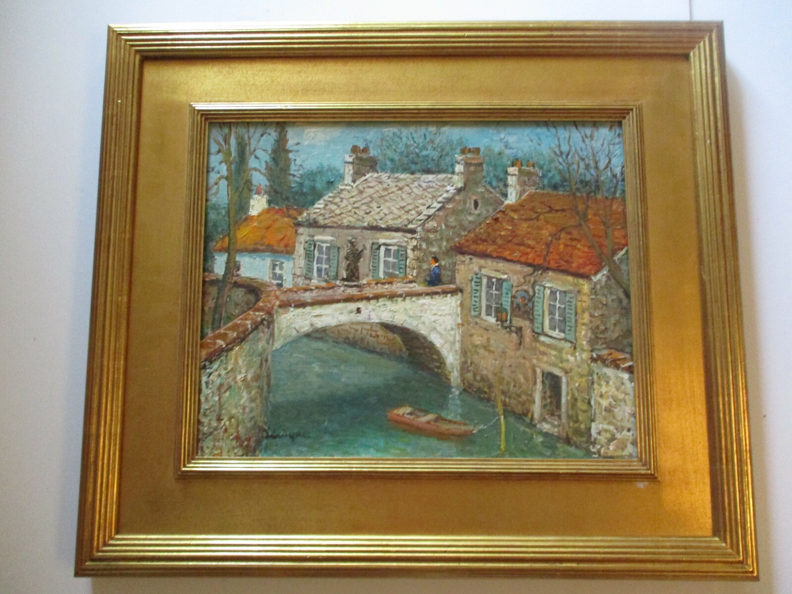 MID CENTURY PAINTING BRITTANY AND BRIDGE IMPRESSIONIST LANDSCAPE NAUTICAL OIL