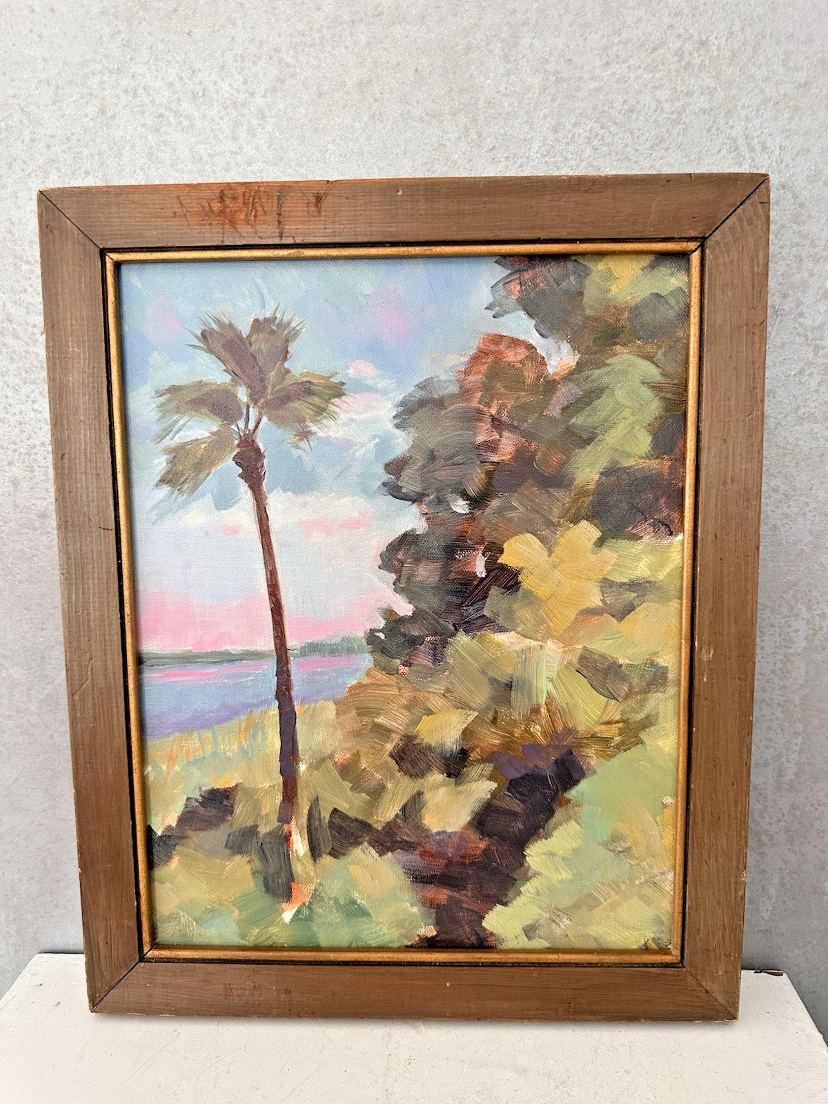 FRAMED ORIGINAL COASTAL Oil Painting ANTIQUE Wood Frame 16X13