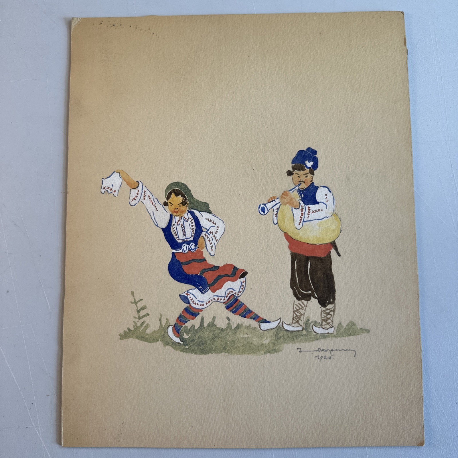 VTG Ukrainian Folk Art Watercolor Painting on Cardboard Signed by Artist 1947