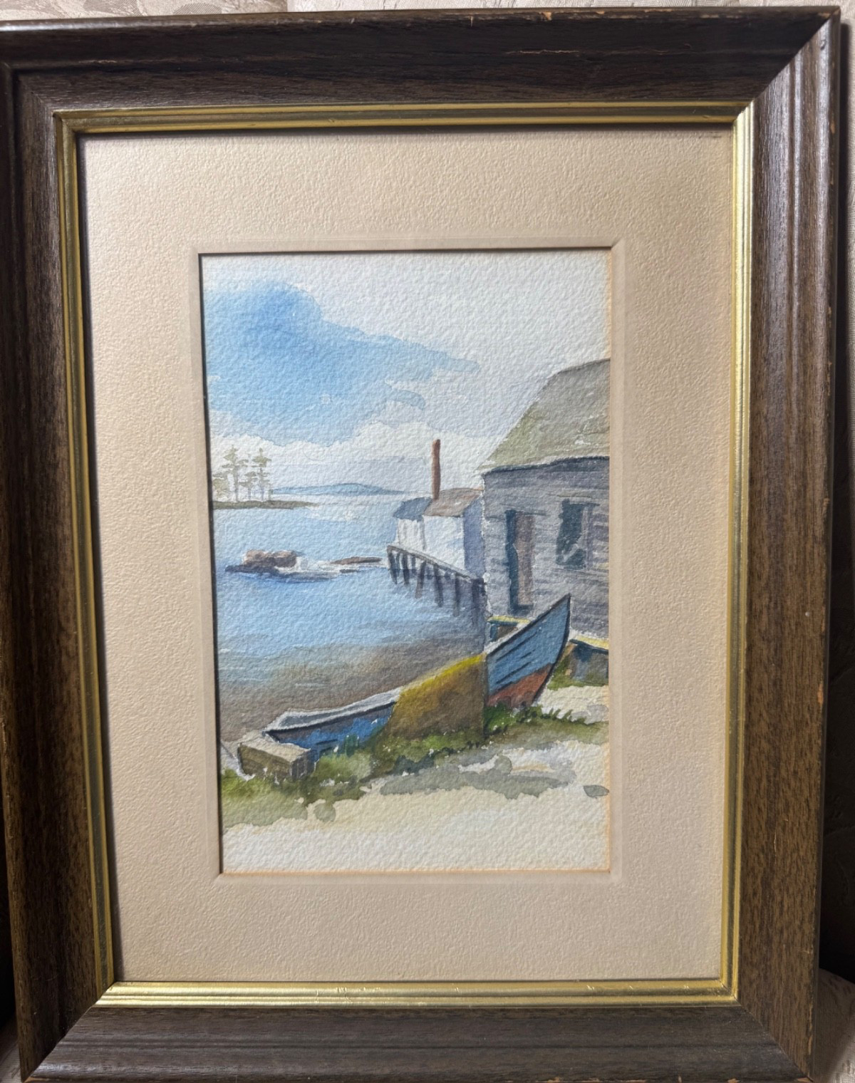 Vintage «Coastal Landscape With Dock And Boat» Watercolor Painting – Framed