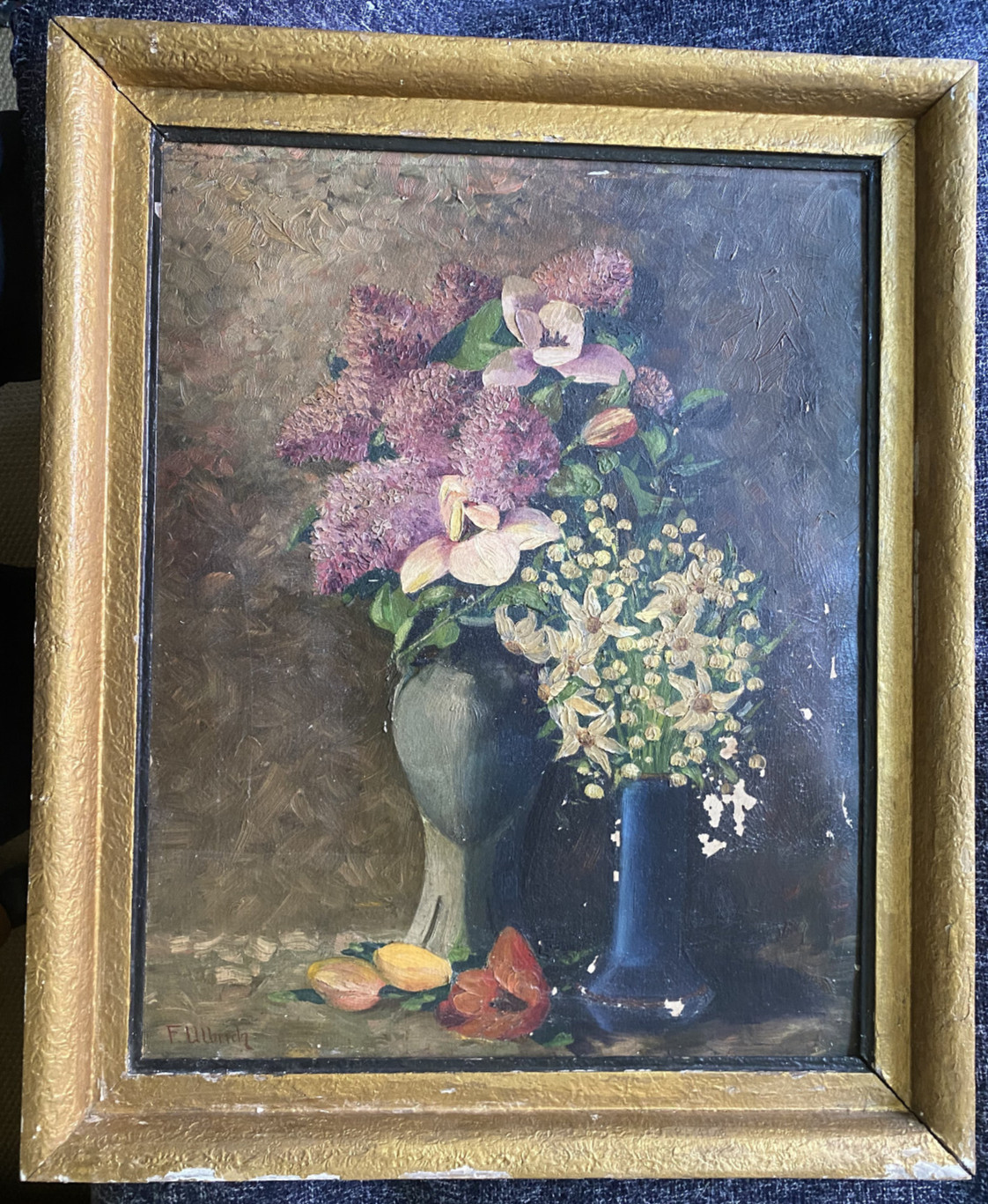 Oil Painting Lilac With Magnolias Still Life By Ullrich Signed Antique Frame