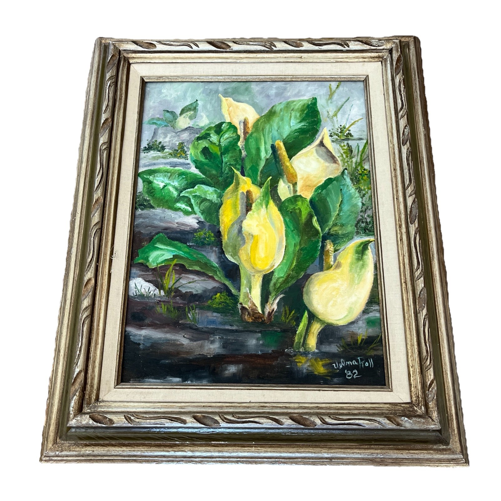 Original Painted Lilly Flowers ￼On Canvas Stunning Wood Frame 21.5×18”