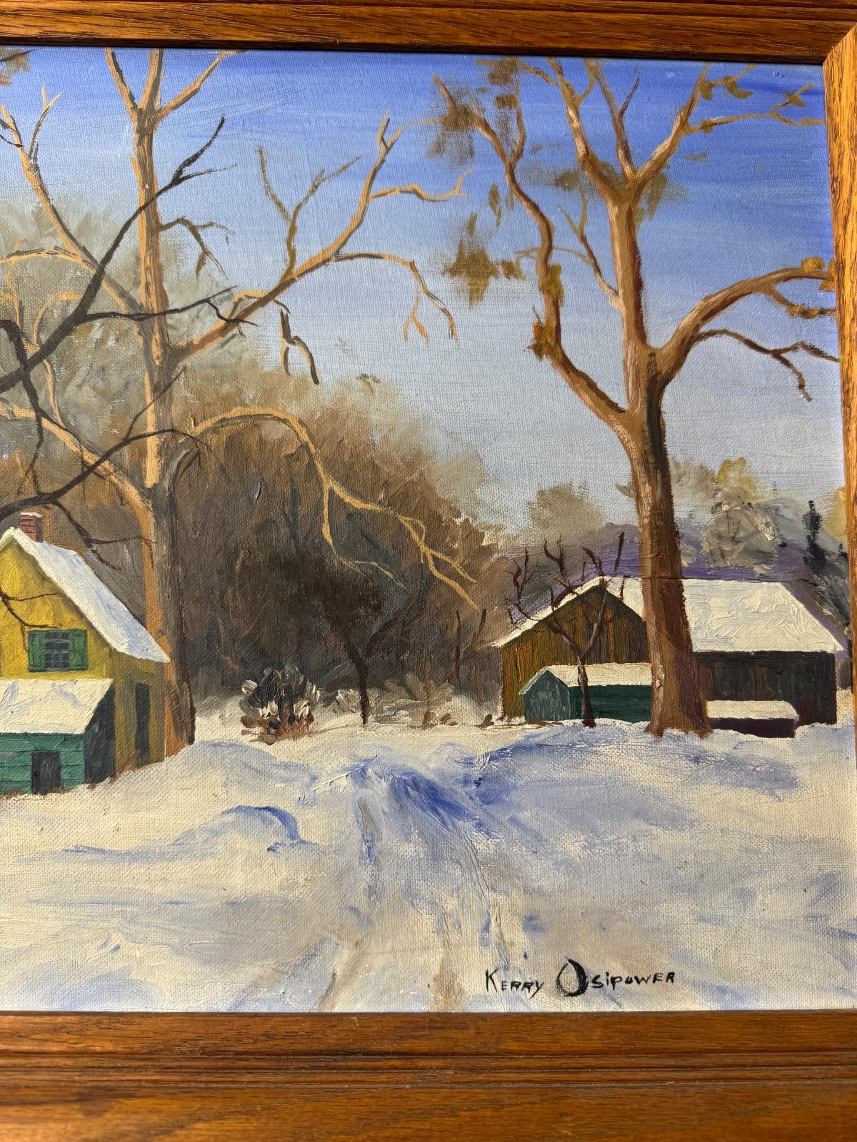 Kerry Osipower «Winter Landscape With Homes Scene» Oil Painting – Signed/Framed