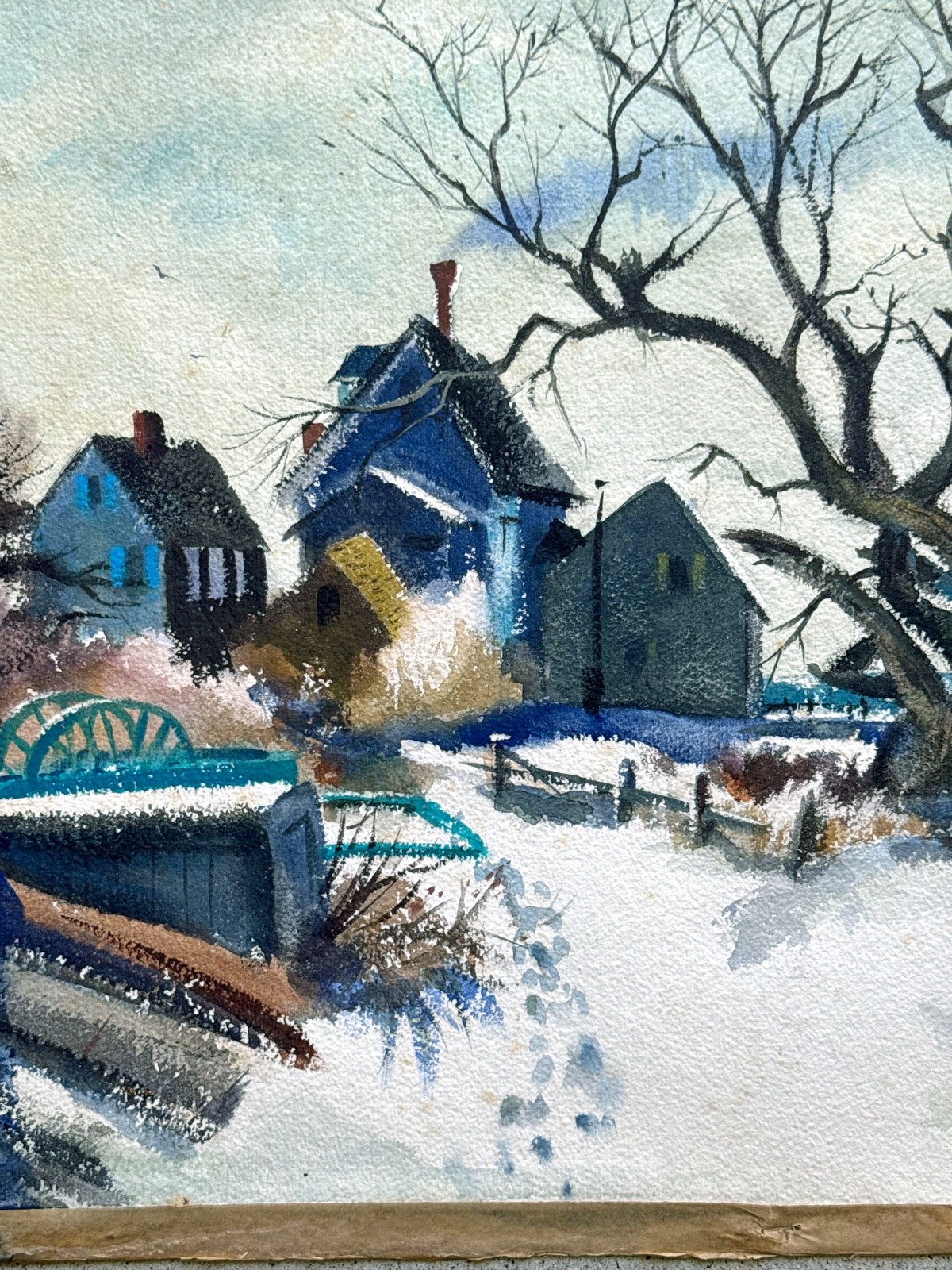 JAMES VANCE 1940s Provincetown Cape Cod Winter Village Snow Scene Painting